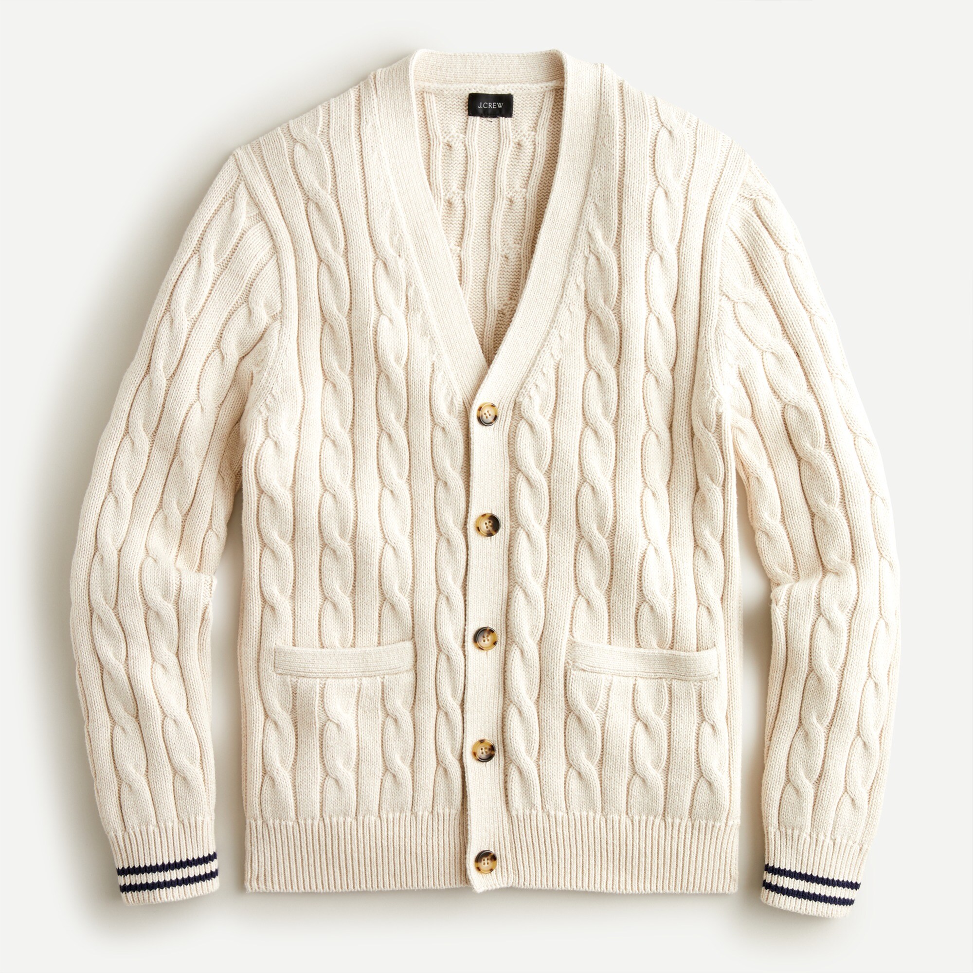 Cotton tipped cuff cable-knit V-neck cardigan sweater