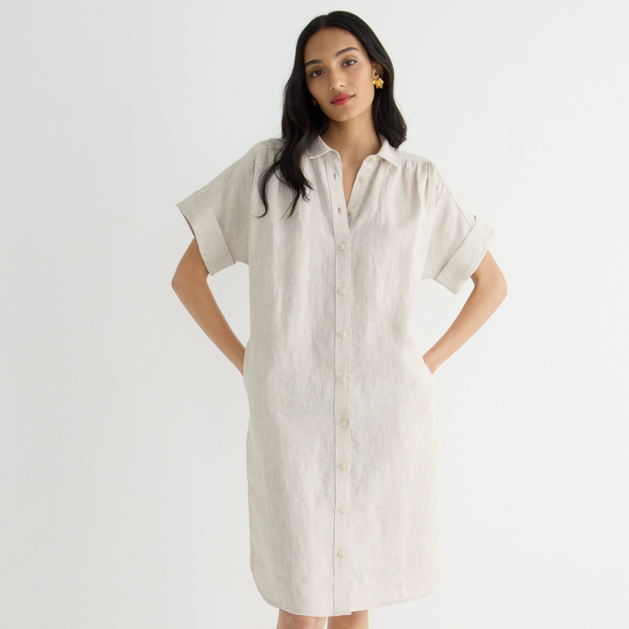j.crew: relaxed-fit short-sleeve baird mcnutt irish linen shirtdress for women, right side, view zoomed