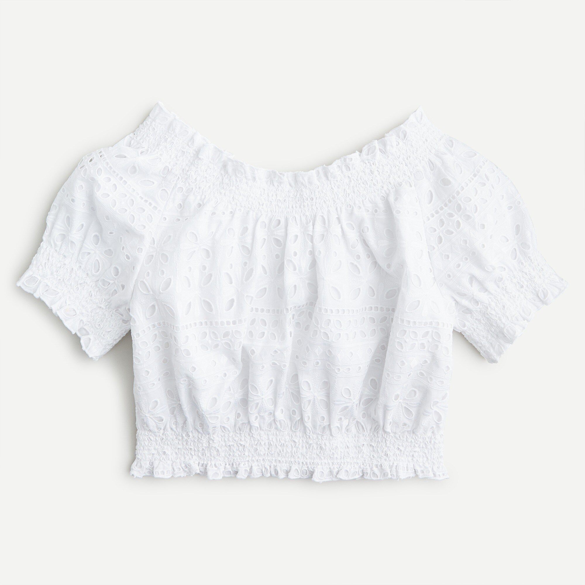 Puff-sleeve smocked top in eyelet