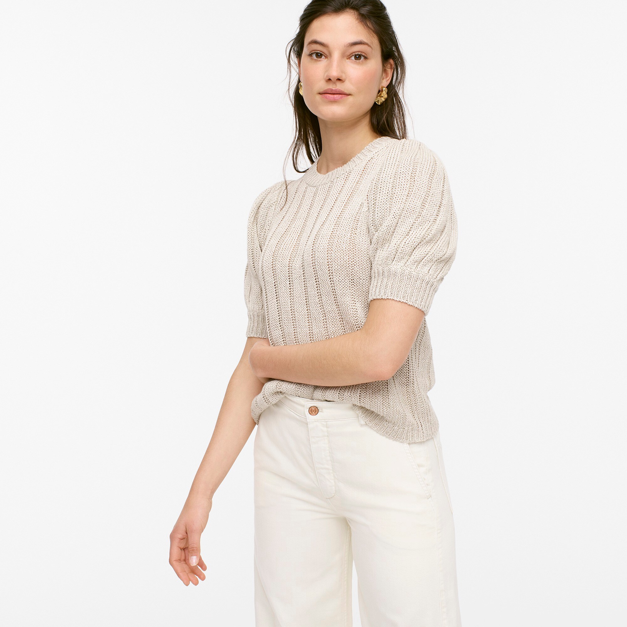 Puff-sleeve linen sweater