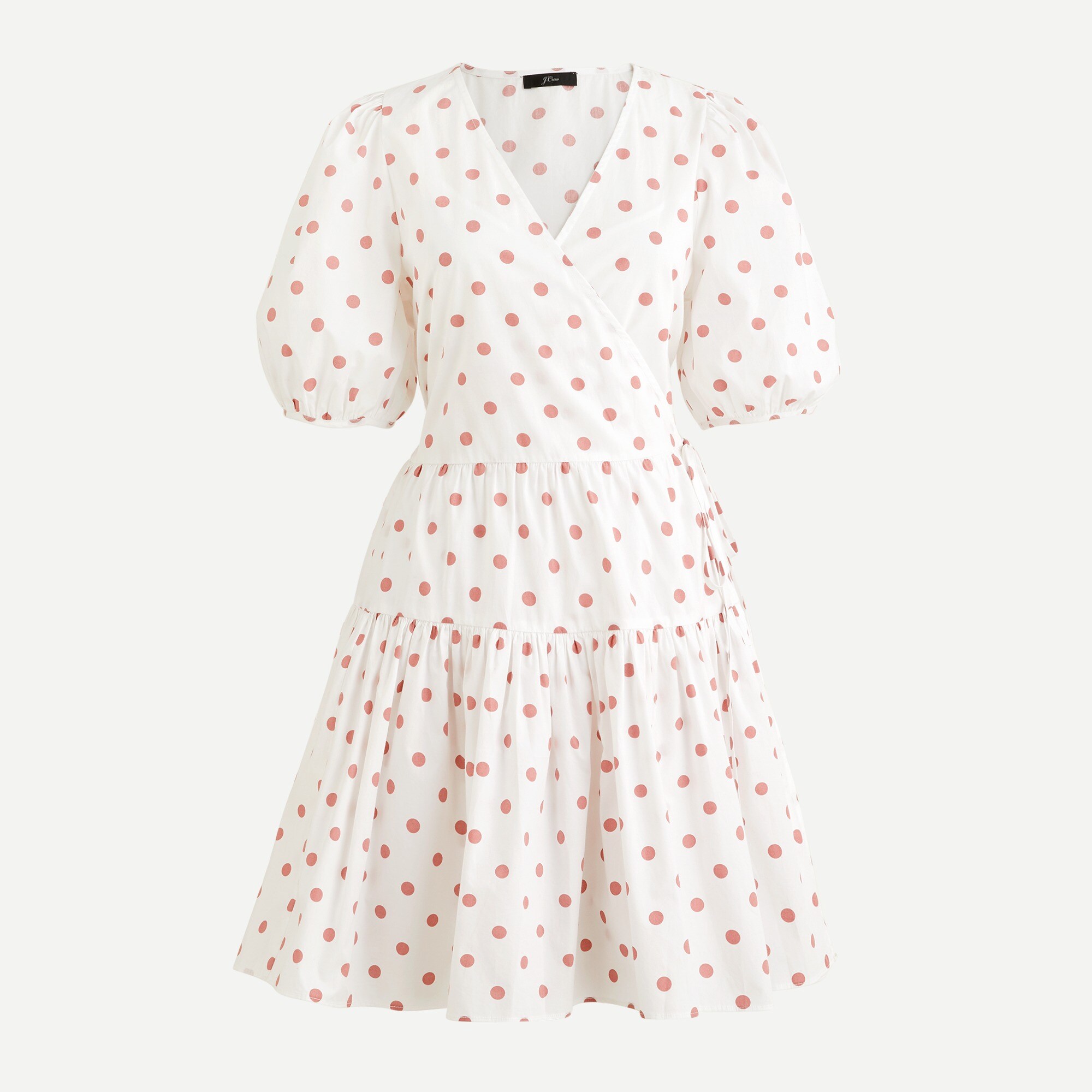 Puff-sleeve cotton poplin wrap dress in white rose dot