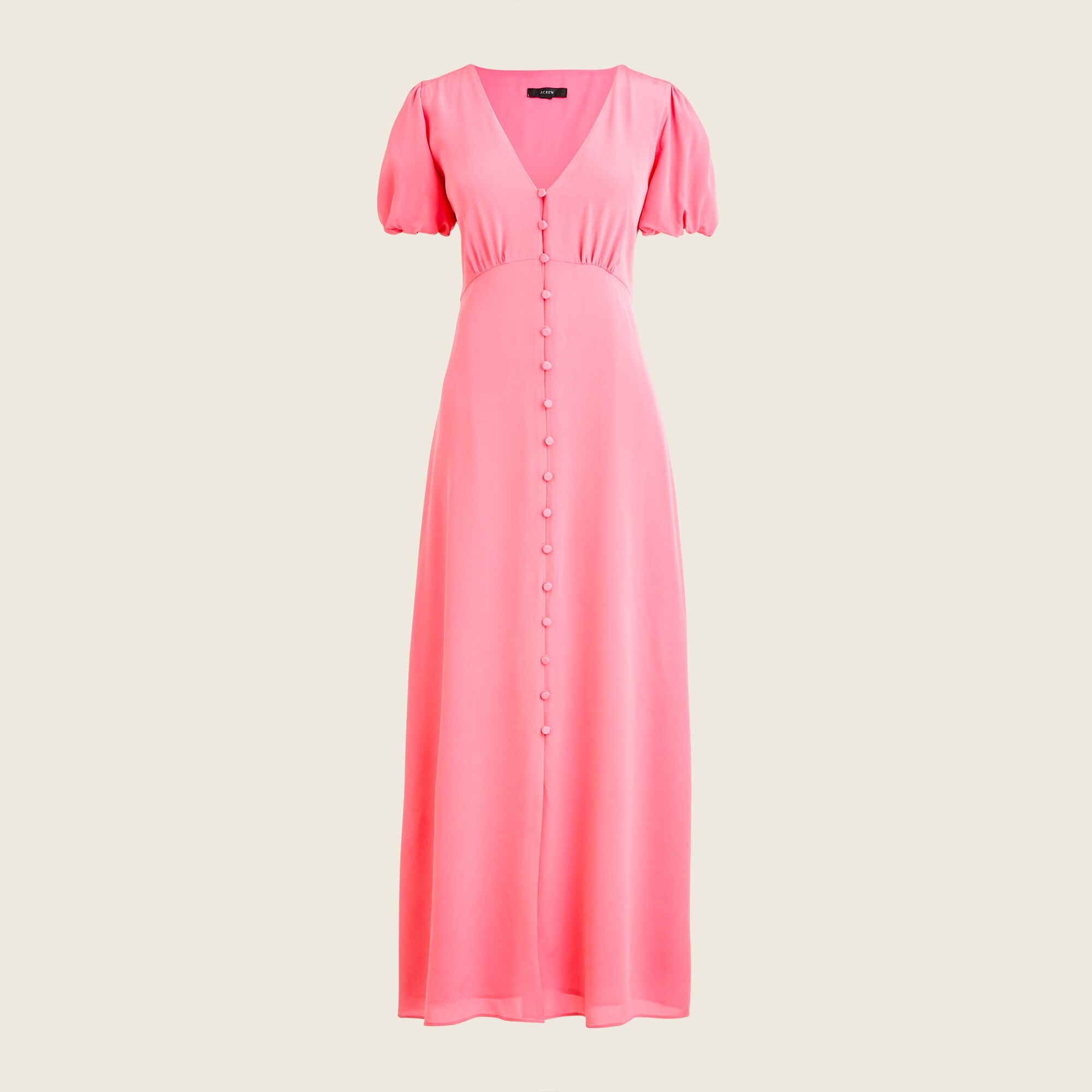 Puff-sleeve silk midi dress