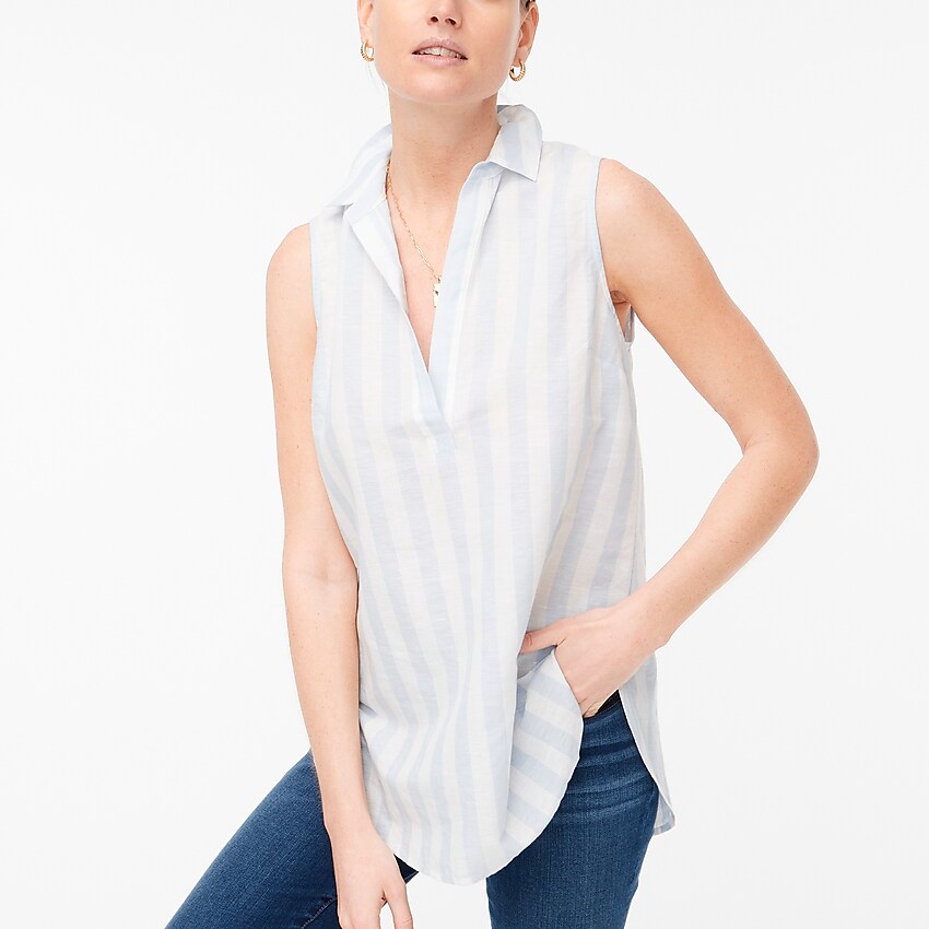 factory: striped linen-cotton sleeveless popover tunic top for women, right side, view zoomed