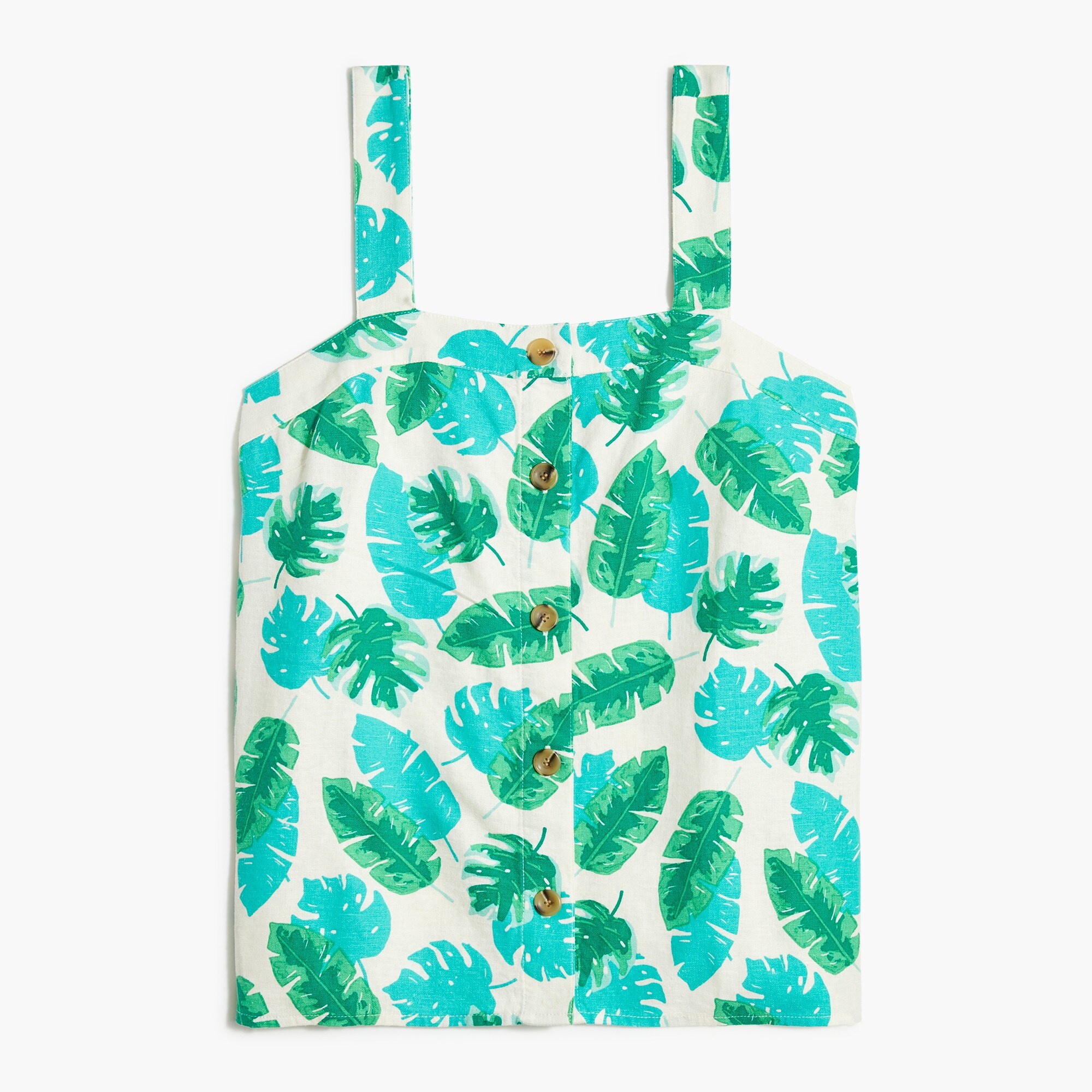 linen-blend button-front tank top in palm print for women