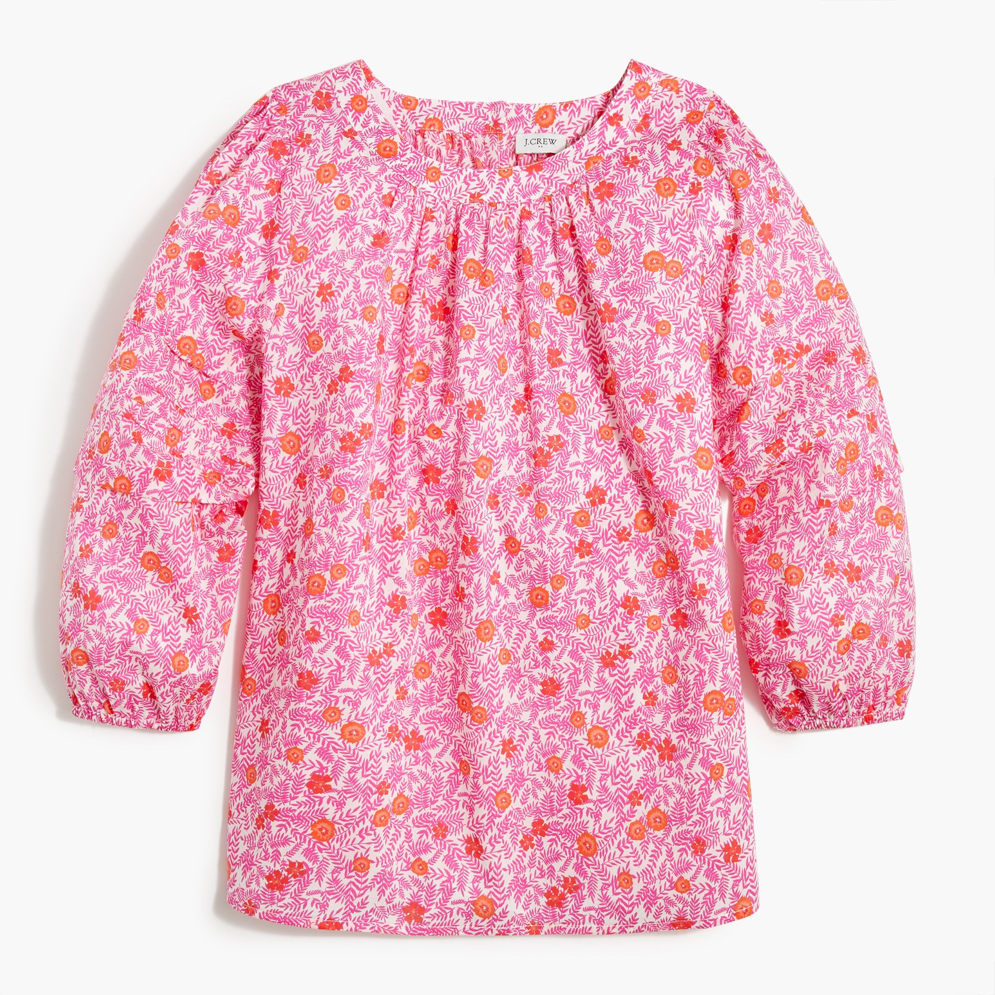 Printed puff-sleeve pintuck top