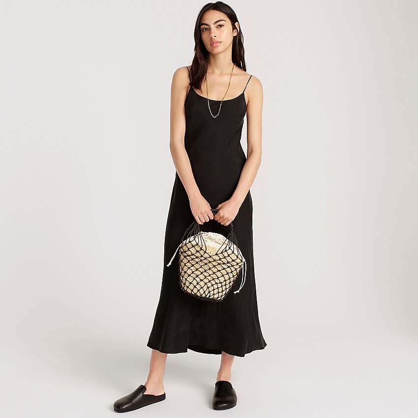j.crew: raffia bucket bag with netting overlay for women, right side, view zoomed