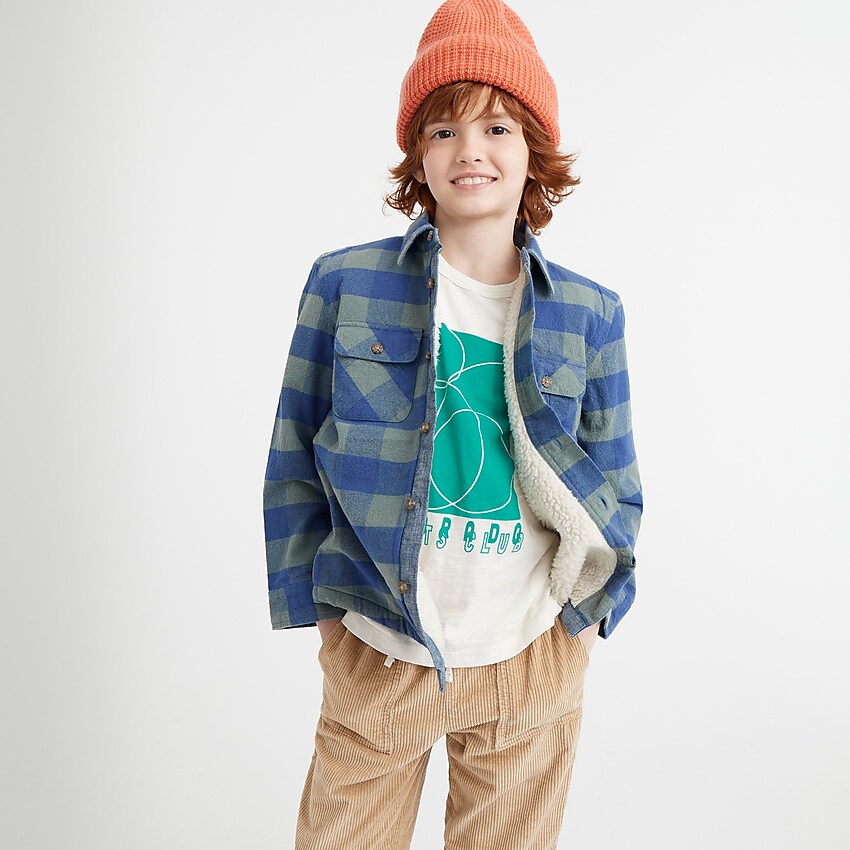 j.crew: boys' sherpa-lined chamois shirt for boys, right side, view zoomed
