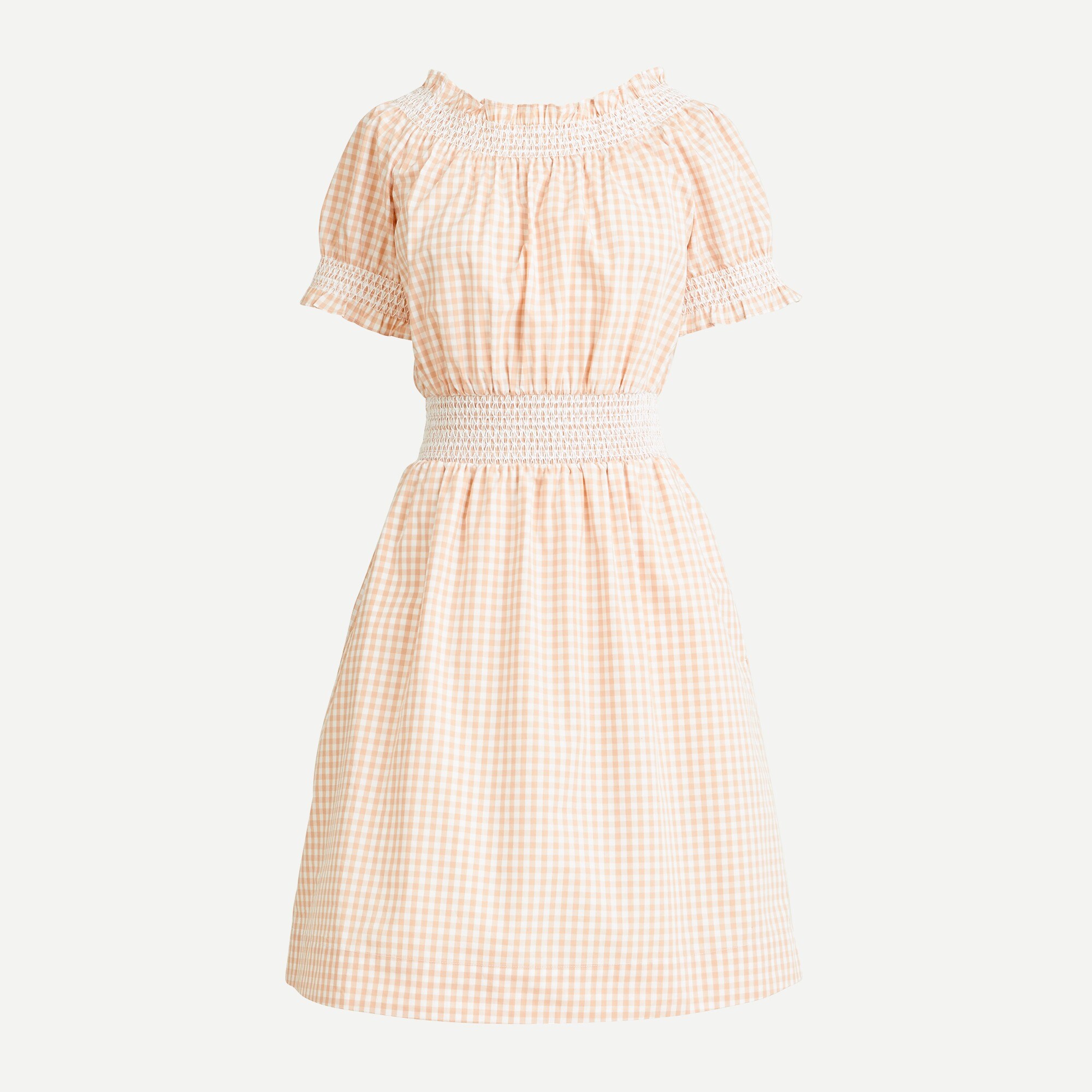 Smocked puff-sleeve cotton poplin dress in gingham