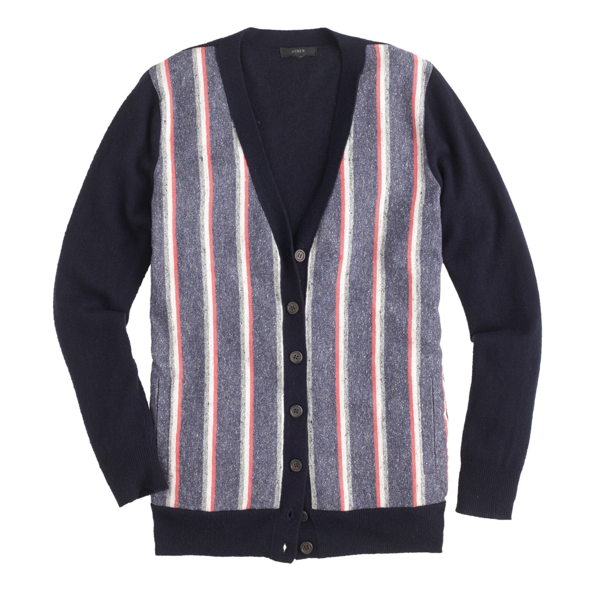 Woven-front cardigan sweater