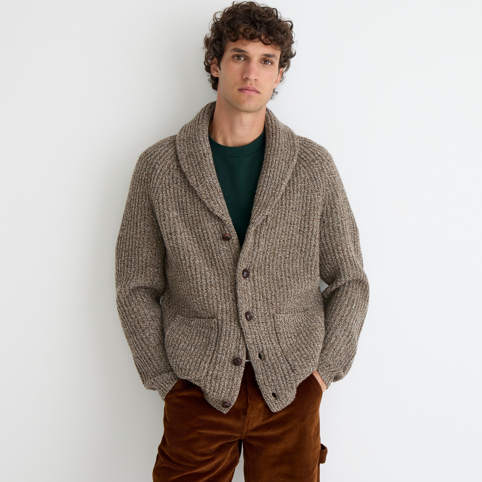 Rugged merino wool blend cardigan sweater