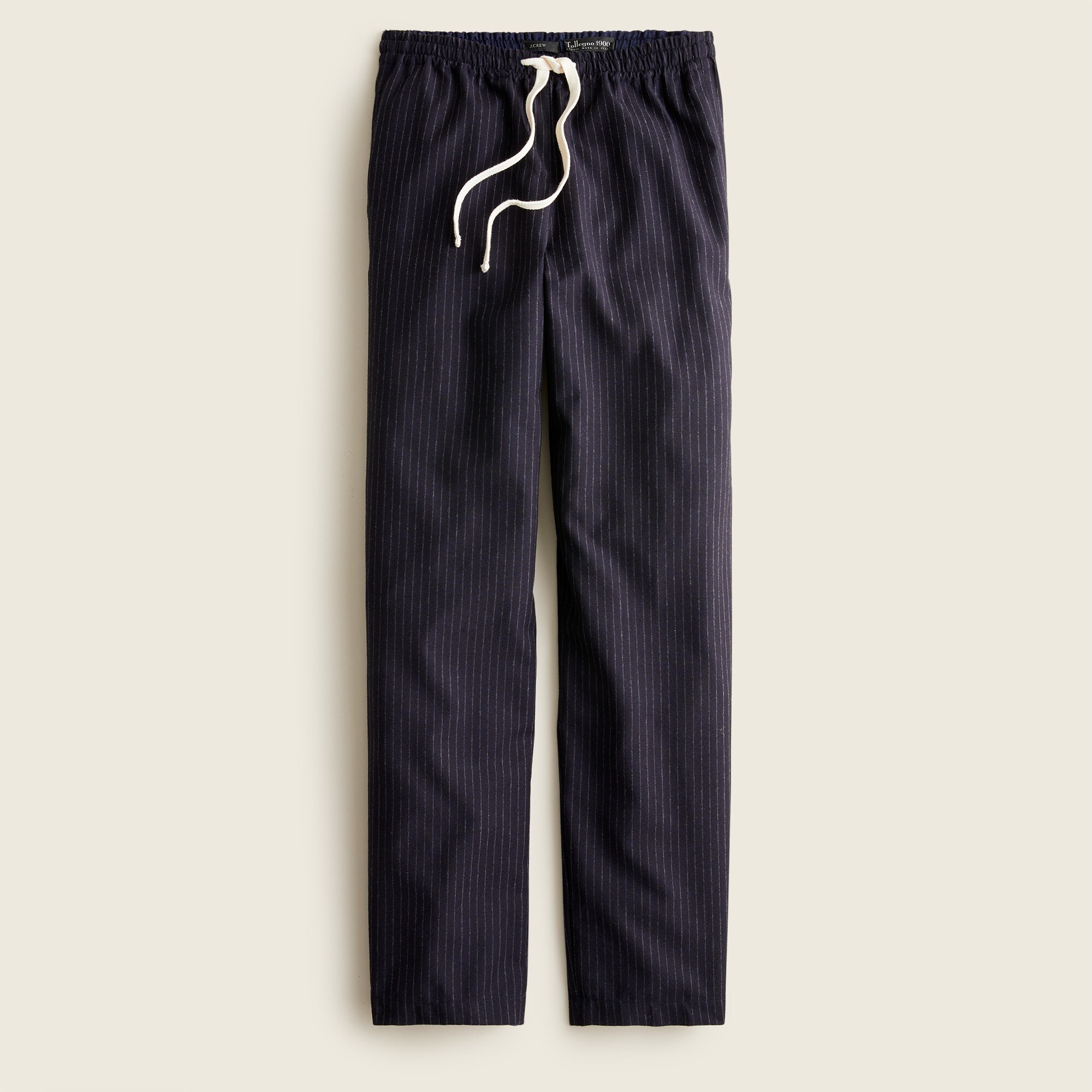 Tie-waist straight-leg pant in pinstripe brushed Italian wool