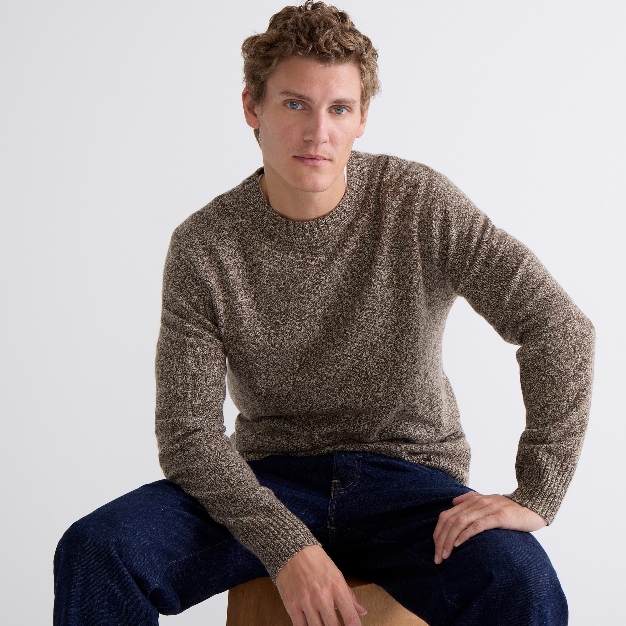 Men's Tollegno Merino Wool Crew Neck Sweater in Rust Mélange M