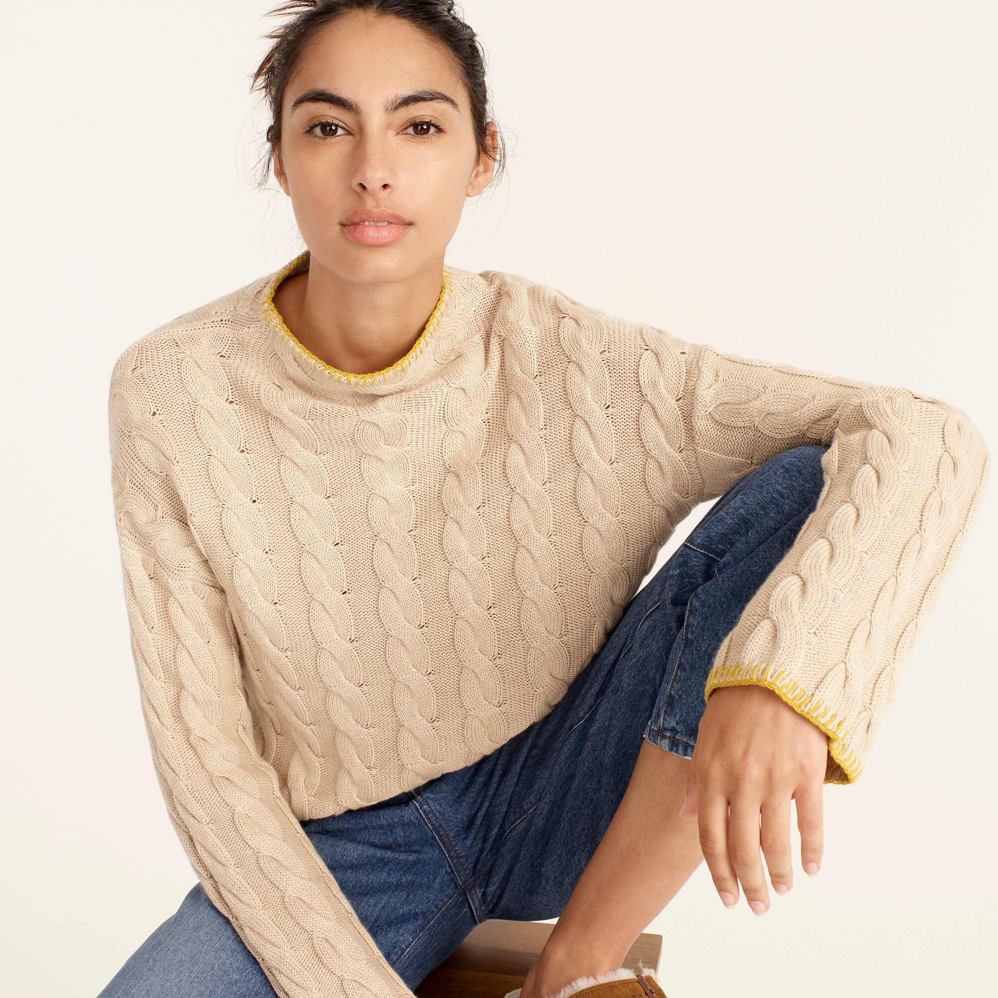 Cotton-cashmere cable-knit mockneck sweater