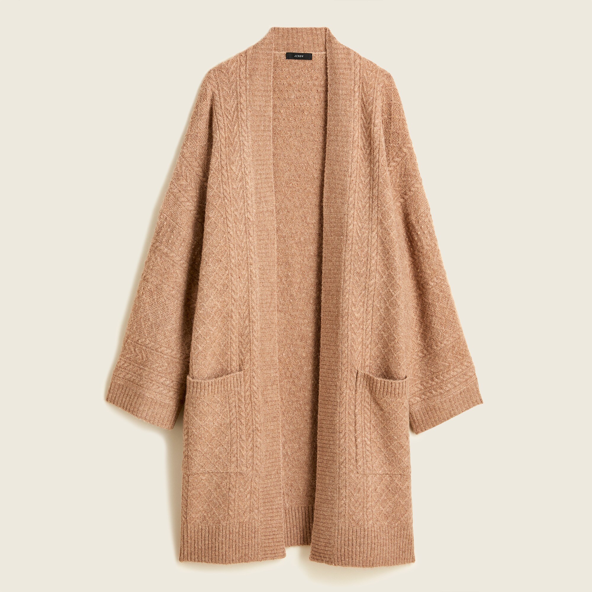 Cable-knit long open cardigan sweater