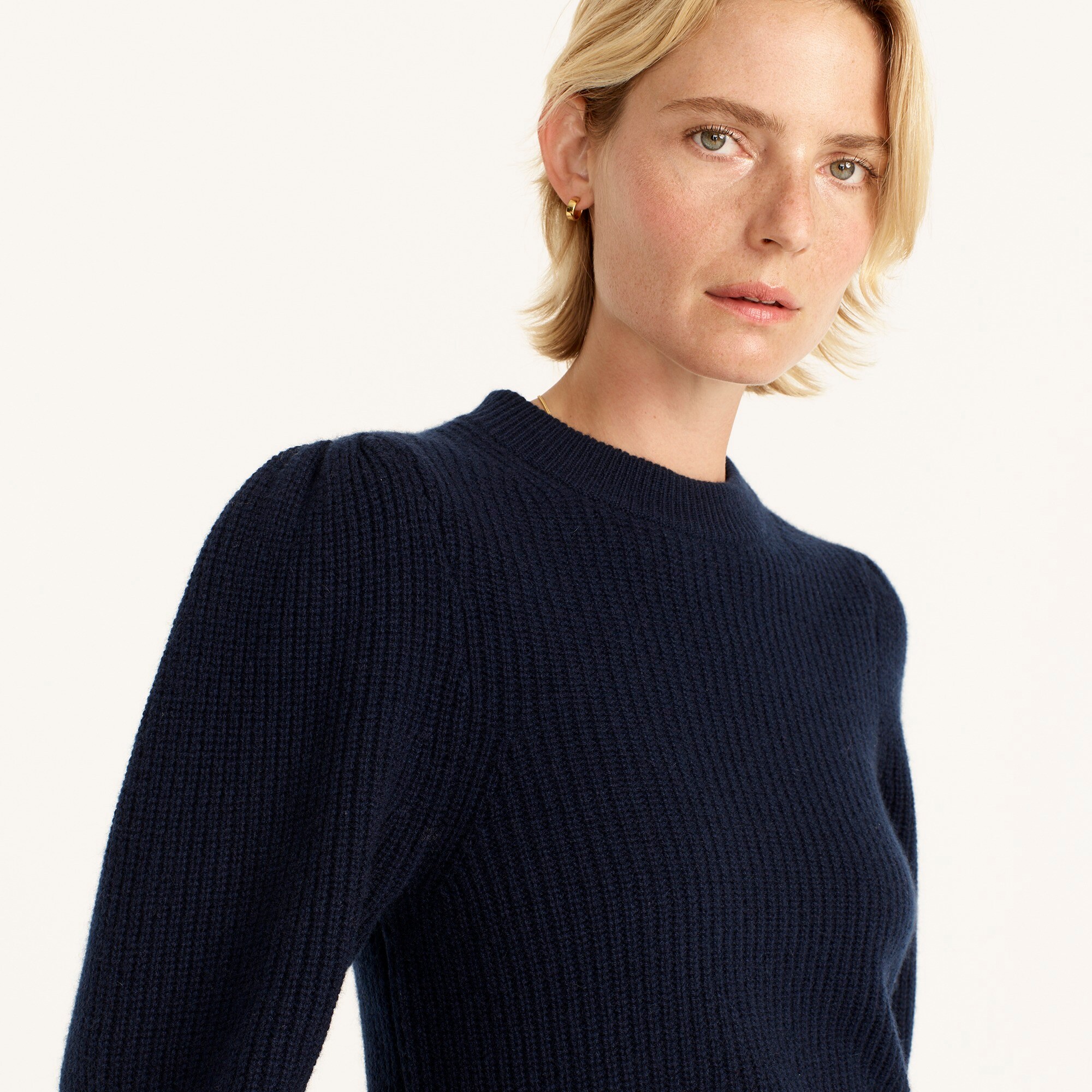 Cashmere puff-sleeve mockneck sweater