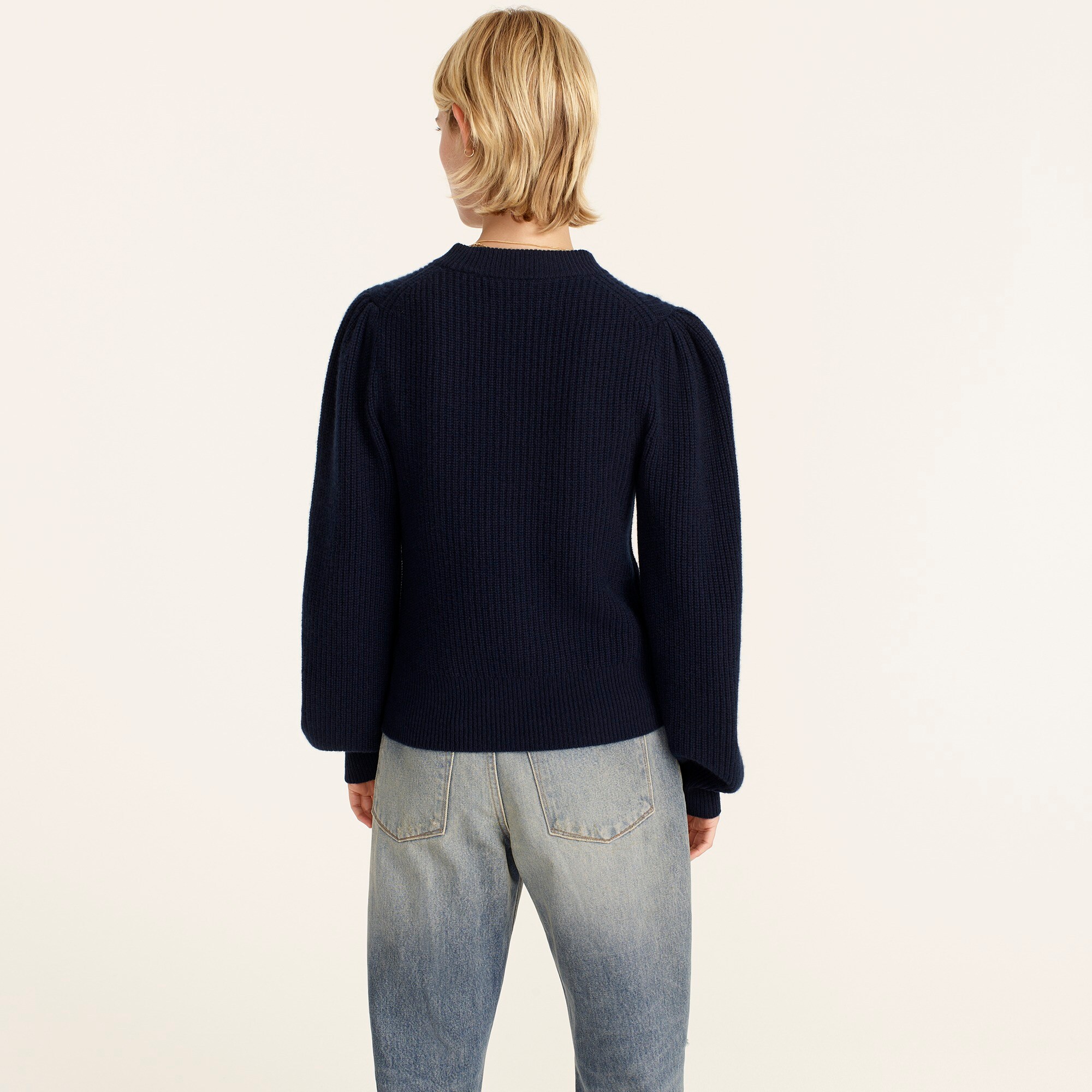 Cashmere puff-sleeve mockneck sweater