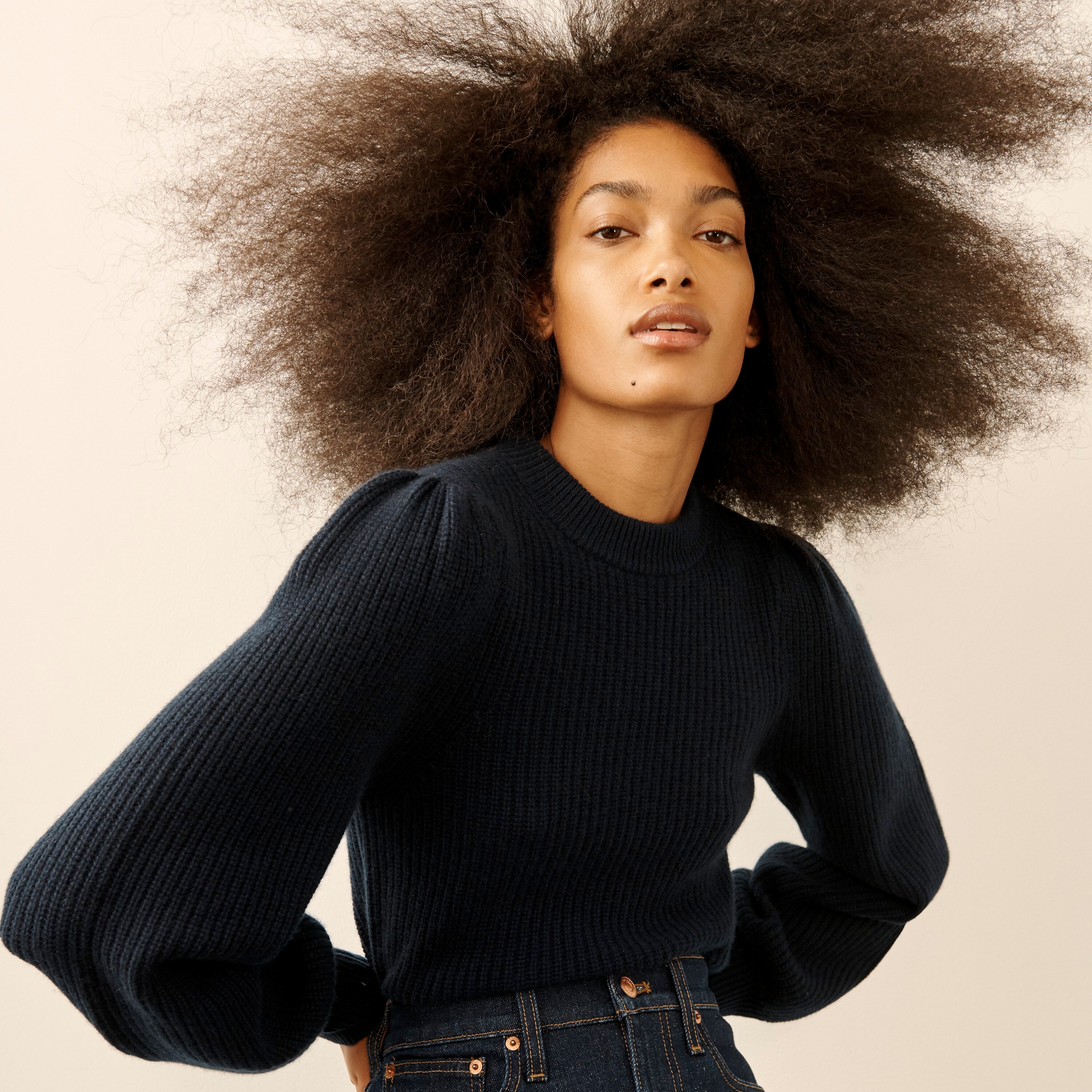 Cashmere puff-sleeve mockneck sweater