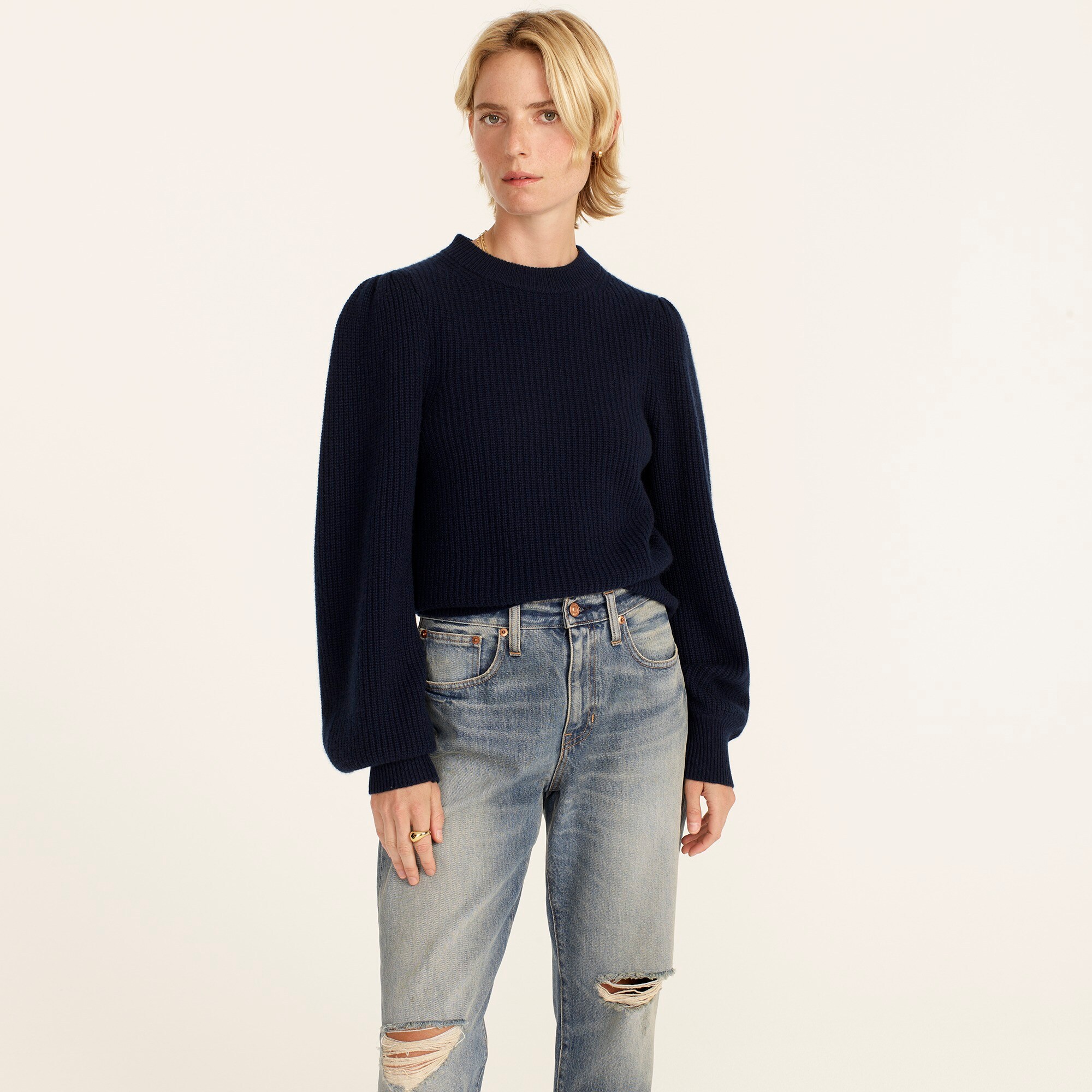 Cashmere puff-sleeve mockneck sweater