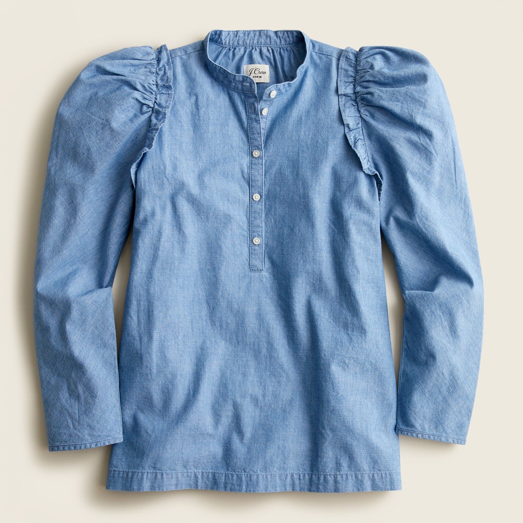 Puff-sleeve chambray top