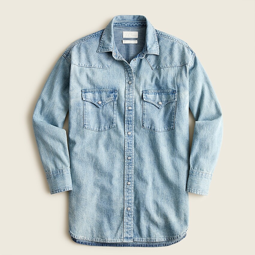 j.crew: relaxed-fit western chambray shirt for women, right side, view zoomed
