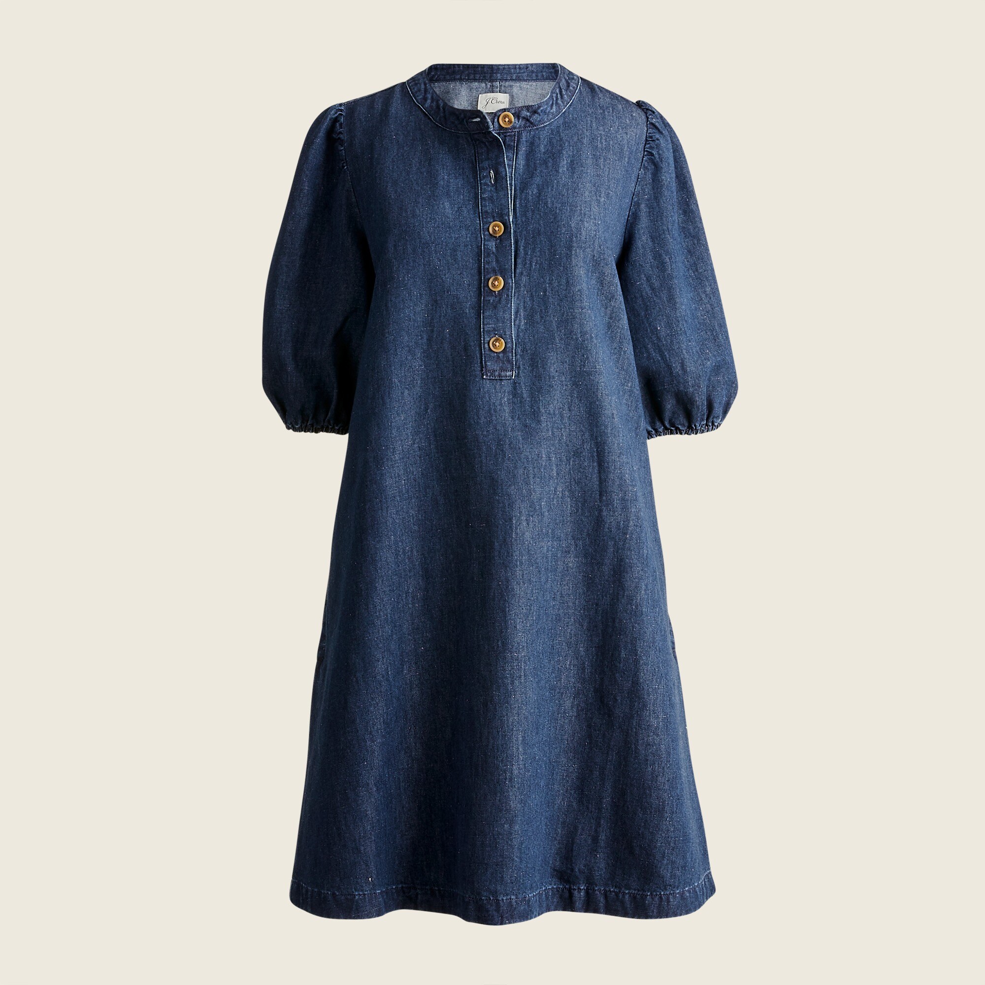 Puff-sleeve denim popover dress