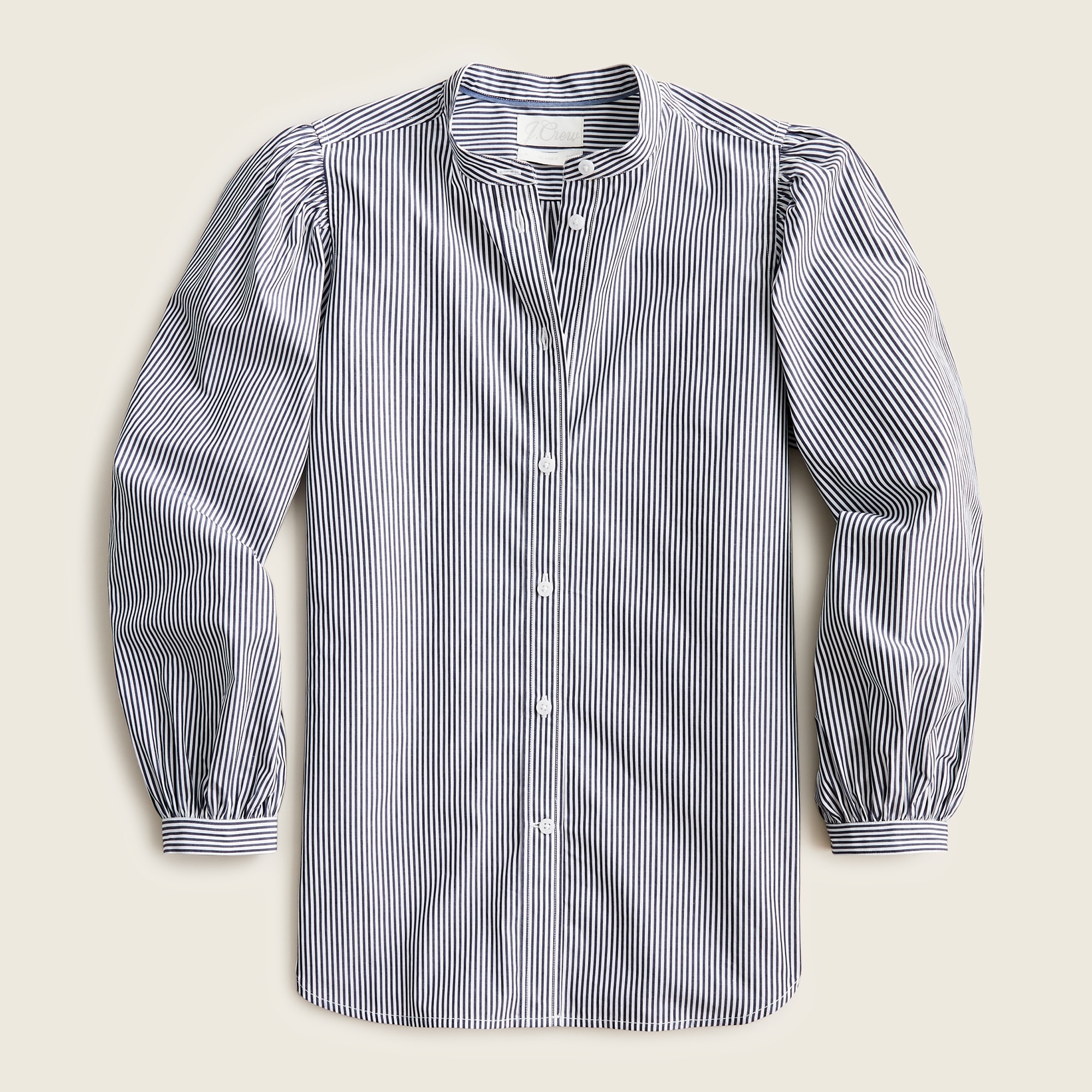 Classic-fit Collarless Puff-sleeve Shirt In Stripe For Women