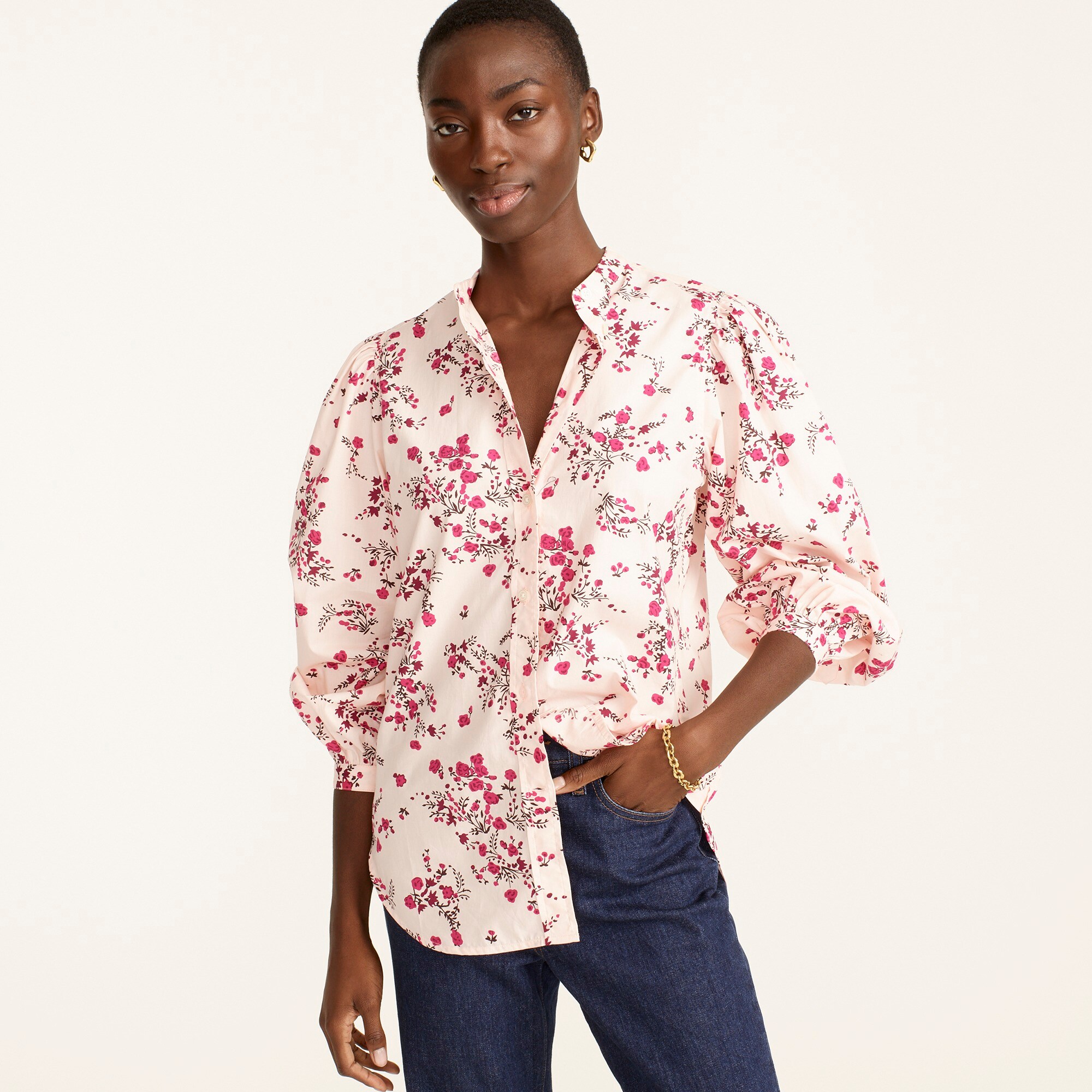 J.Crew: Classic-fit Collarless Puff Sleeve Shirt In Budding Floral For ...