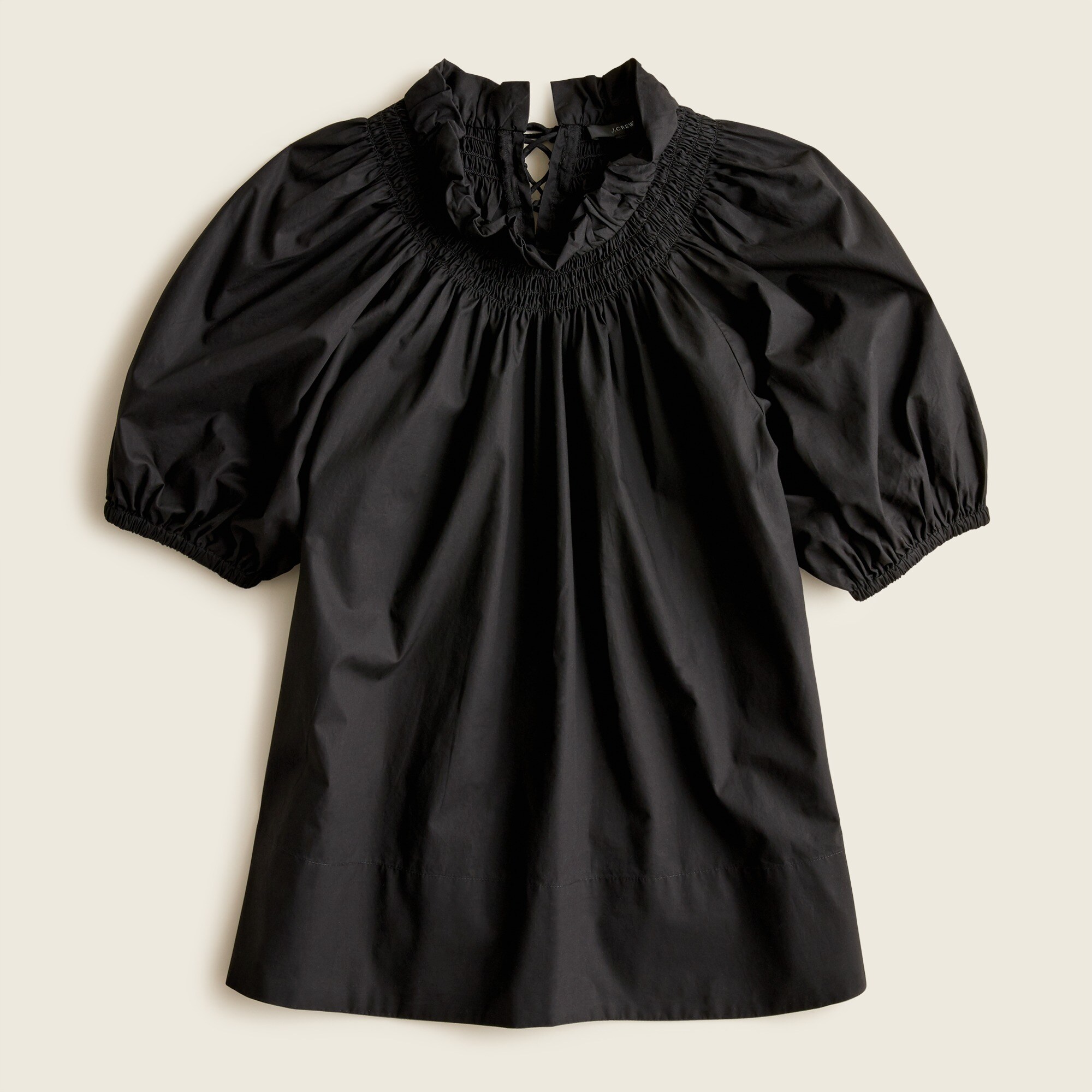 Smocked neck puff-sleeve cotton poplin top