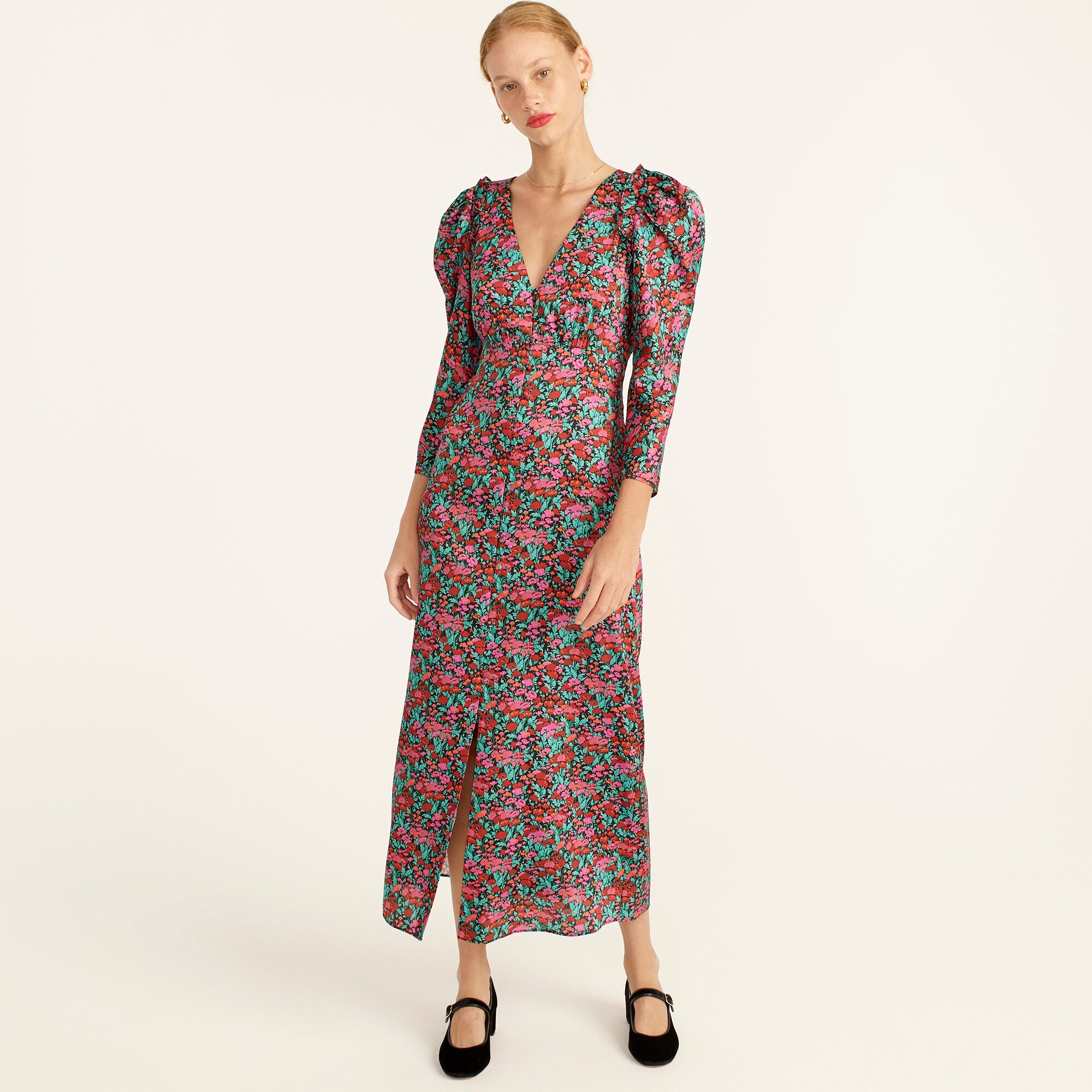 j.crew: drapey puff-sleeve dress in ratti® red blooms for women, right side, view zoomed