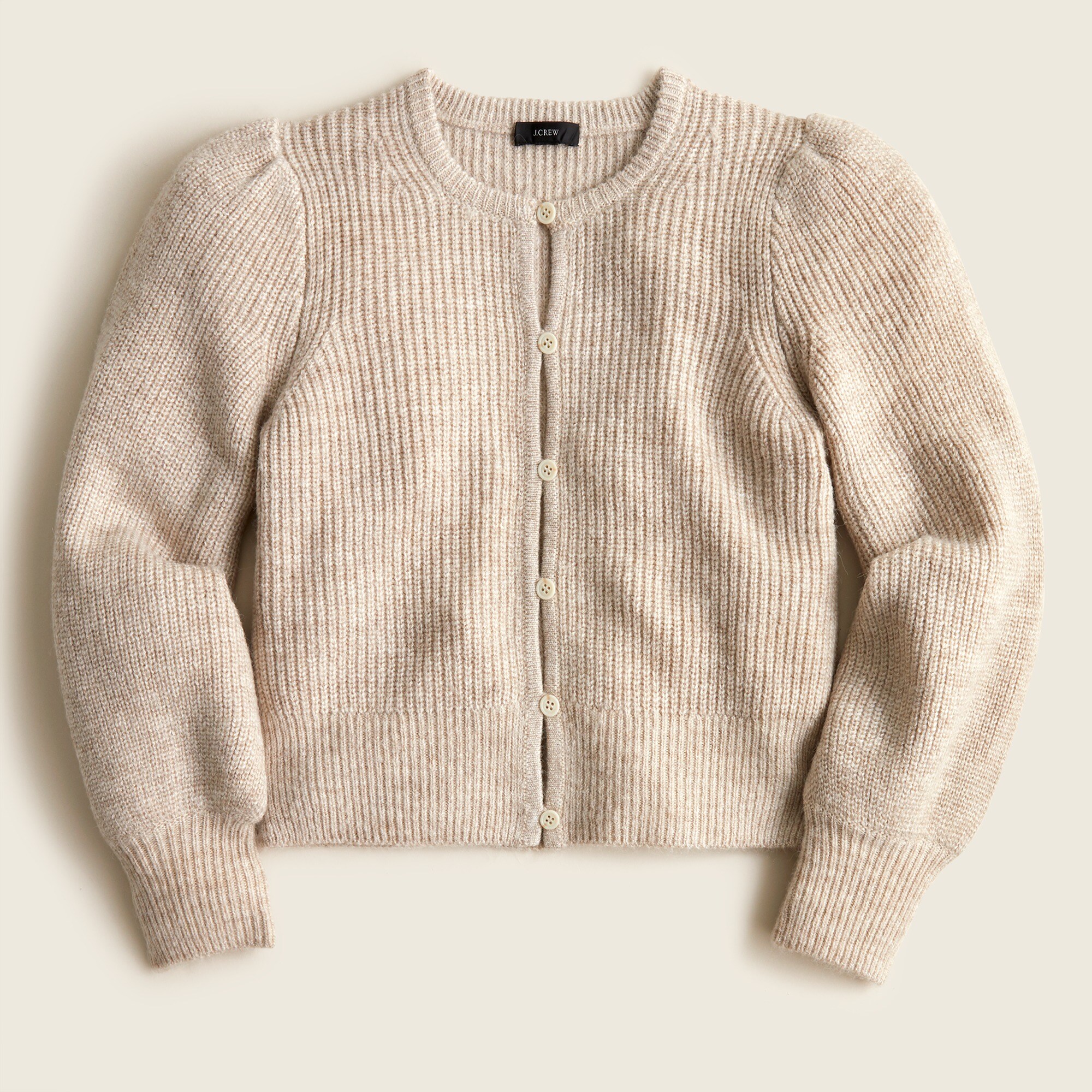 Puff-sleeve lightweight alpaca blend cardigan sweater