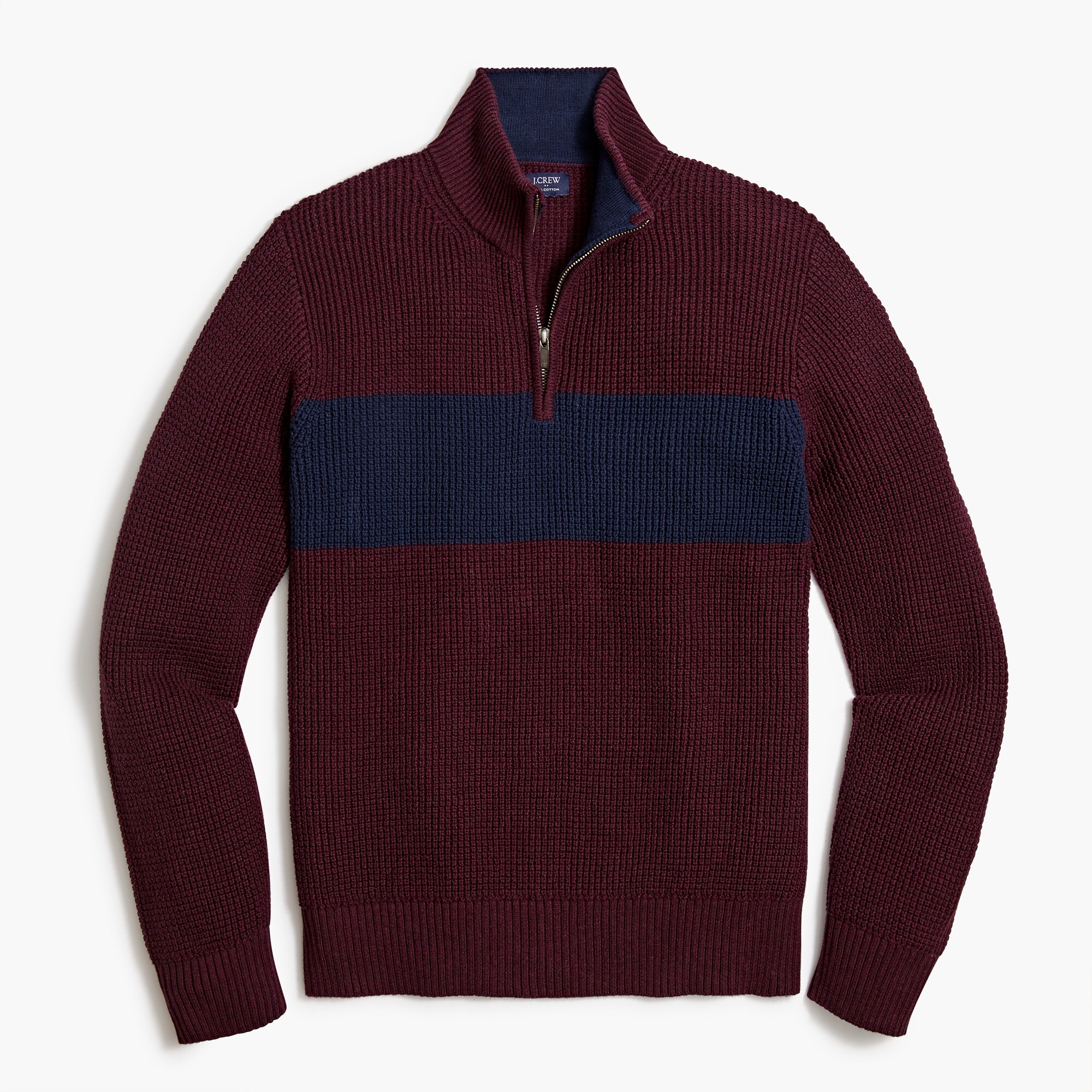 Cotton waffle half-zip sweater with stripe
