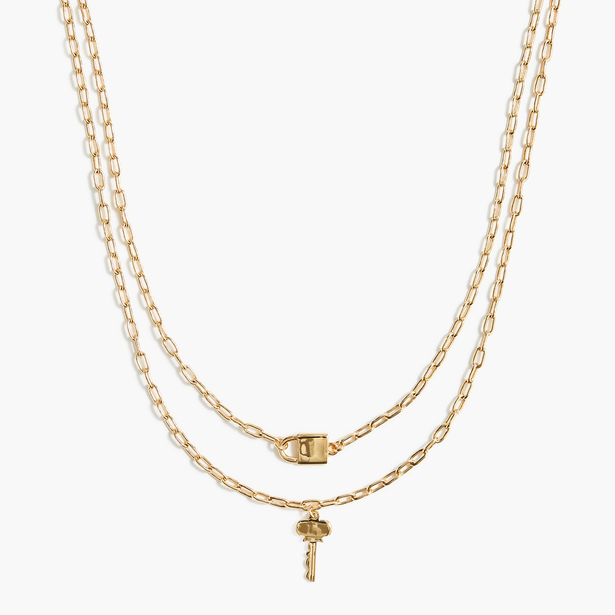 Lock and key on paperclip chain two-layer necklace