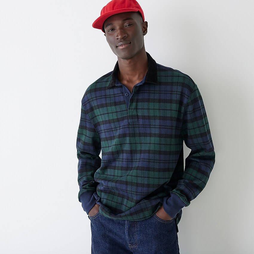 j.crew: rugby shirt in black watch tartan for men, right side, view zoomed