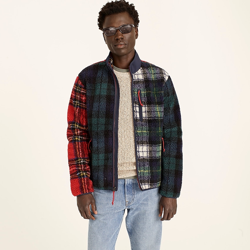 j.crew: nordic sherpa-fleece full-zip jacket in mixed plaid for men, right side, view zoomed