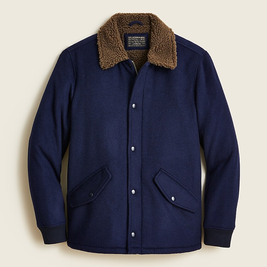 j.crew: sherpa-lined wool-blend varsity jacket with primaloft® for men, right side, view zoomed