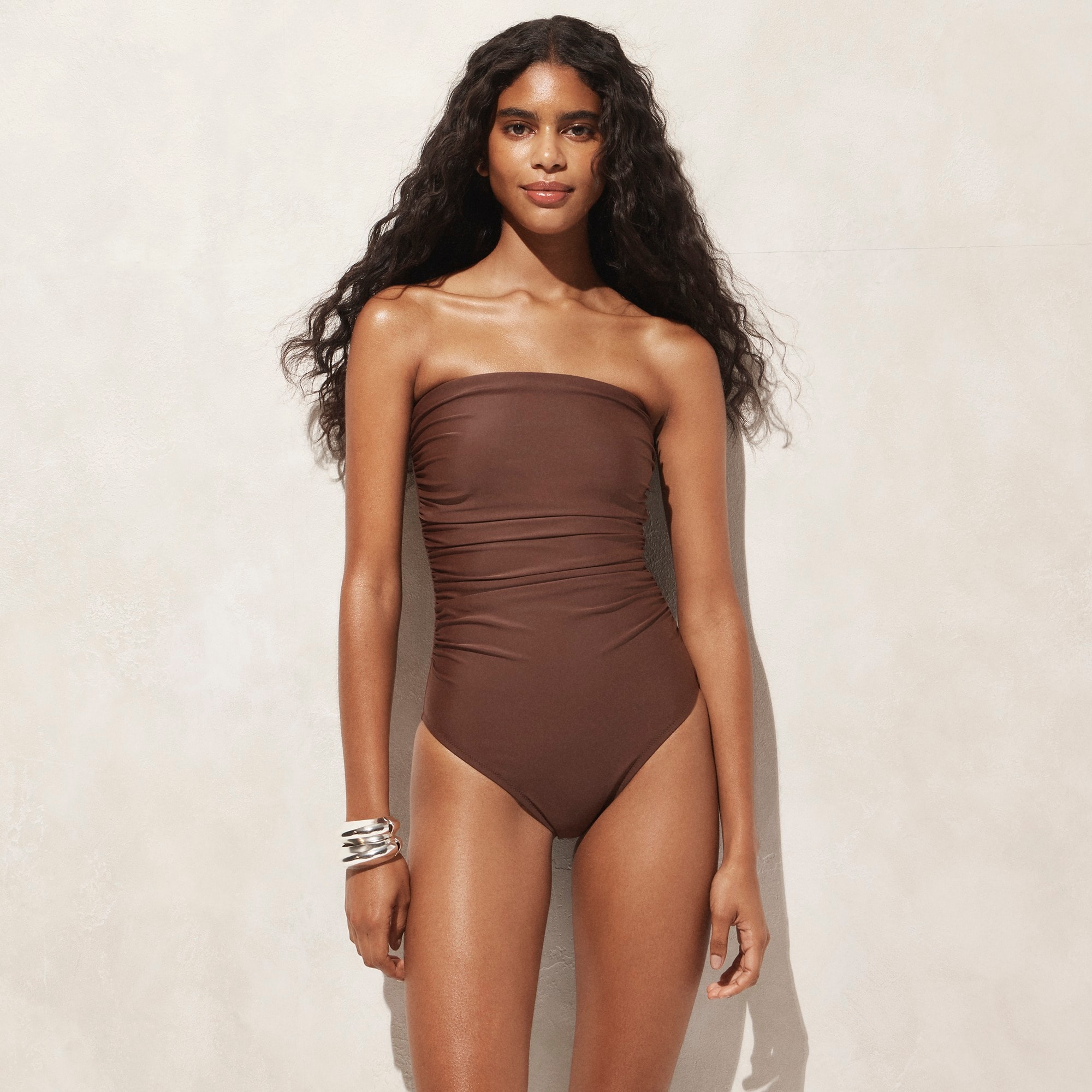  Long-torso ruched bandeau one-piece