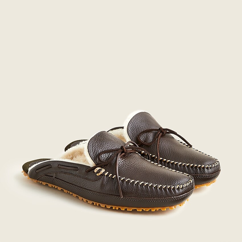 j.crew: leather faux-shearling scuff slippers for men, right side, view zoomed