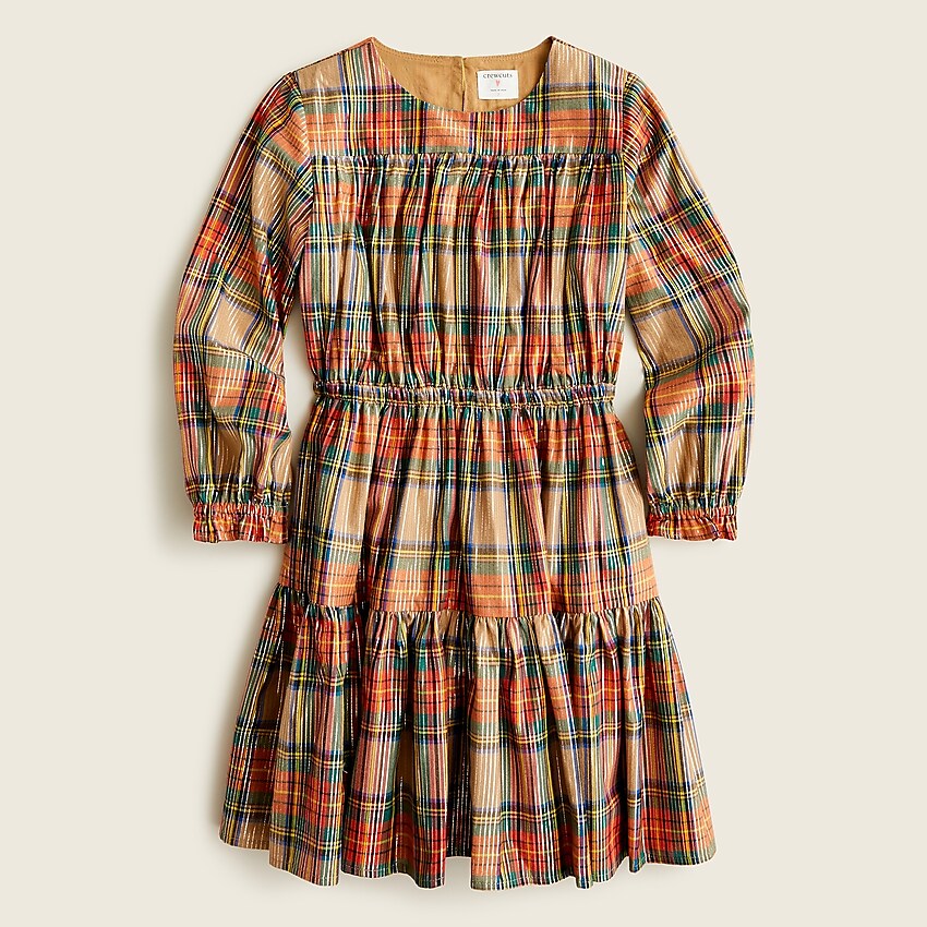 j.crew: girls' ruched dress in camel tartan for girls, right side, view zoomed