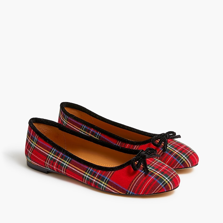 factory: tartan ballet flats with with velvet piping for women, right side, view zoomed