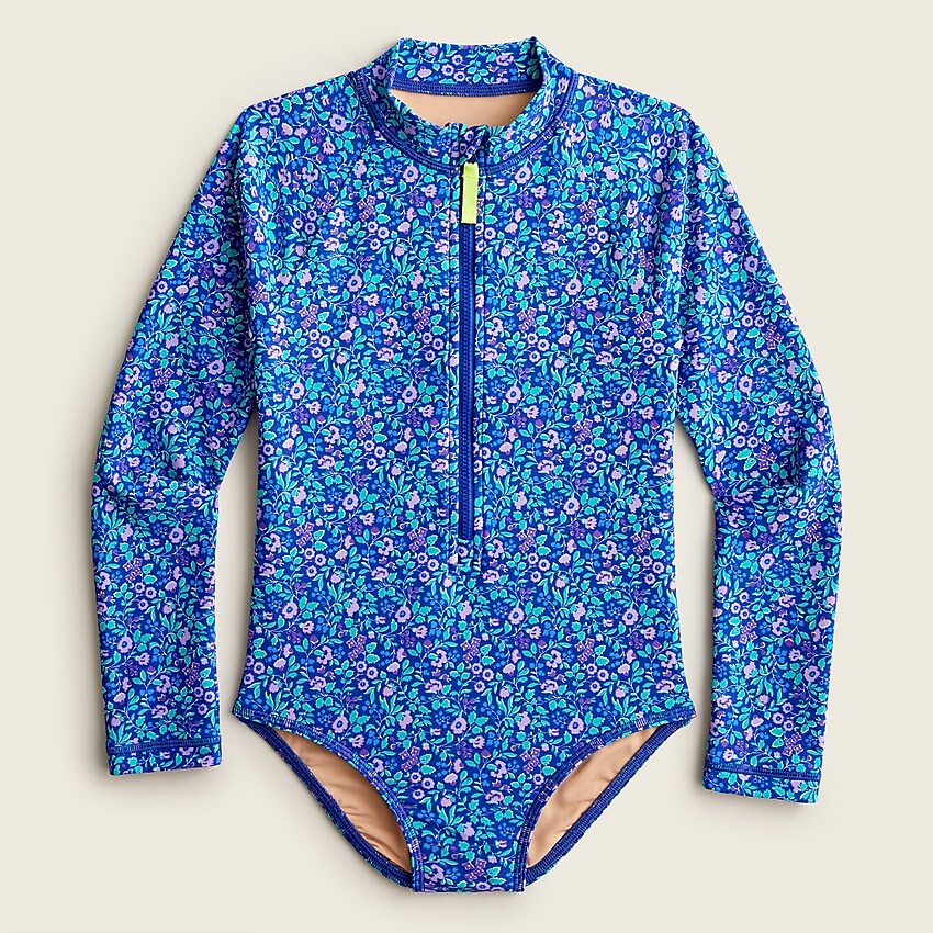 j.crew: girls' printed rash guard one-piece swimsuit with upf 50+ for girls, right side, view zoomed