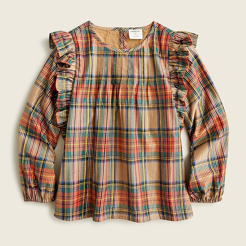 j.crew: girls' ruffle-shoulder top in camel tartan for girls, right side, view zoomed