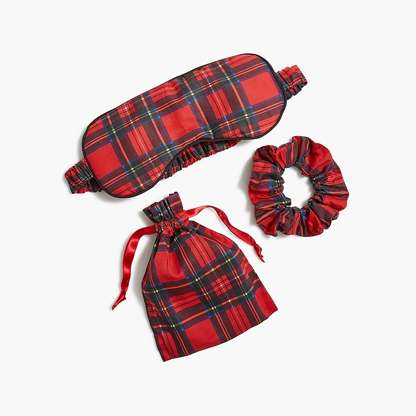factory: holiday tartan sleep mask and scrunchie set for women, right side, view zoomed