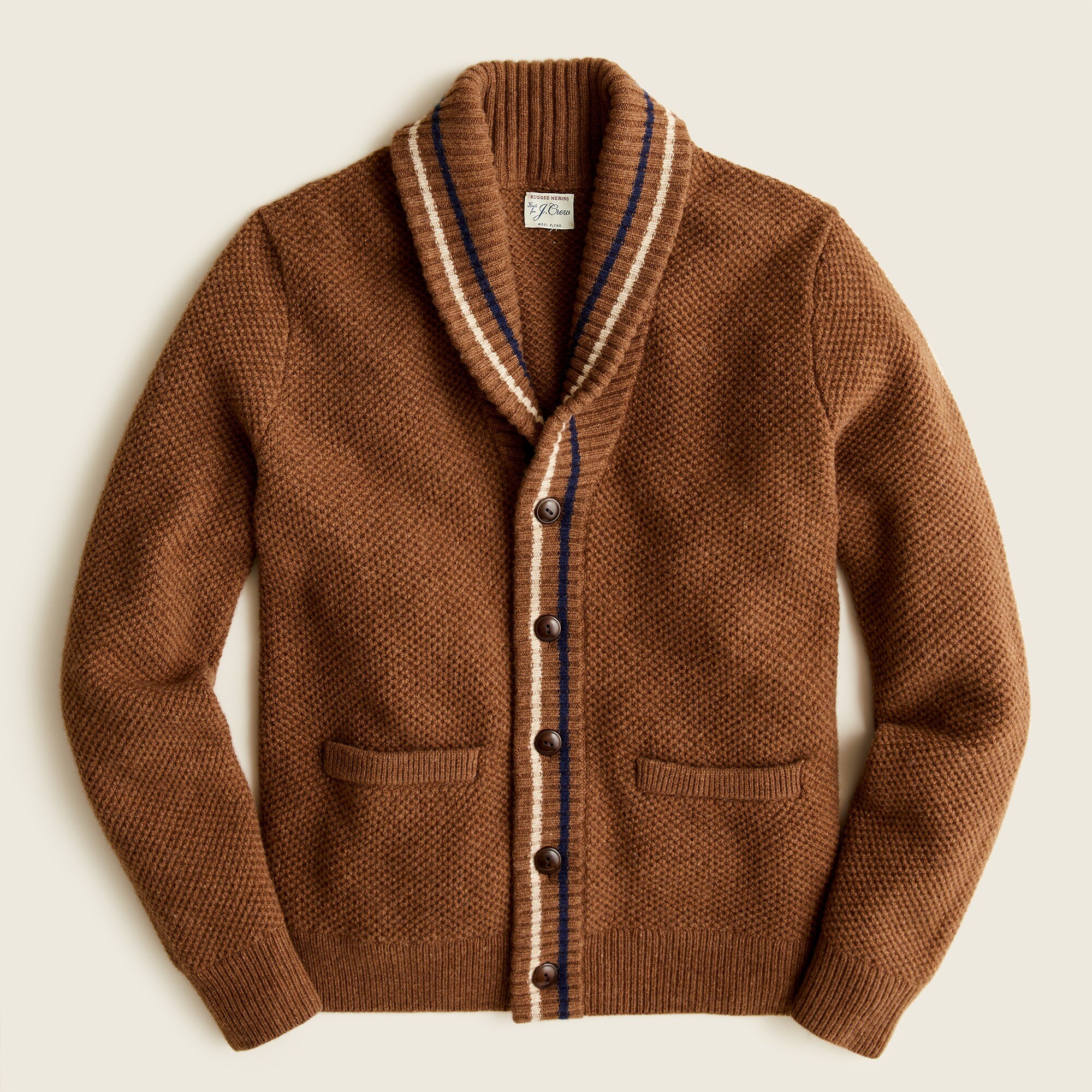 Textured rugged merino wool shawl cardigan with striped trim