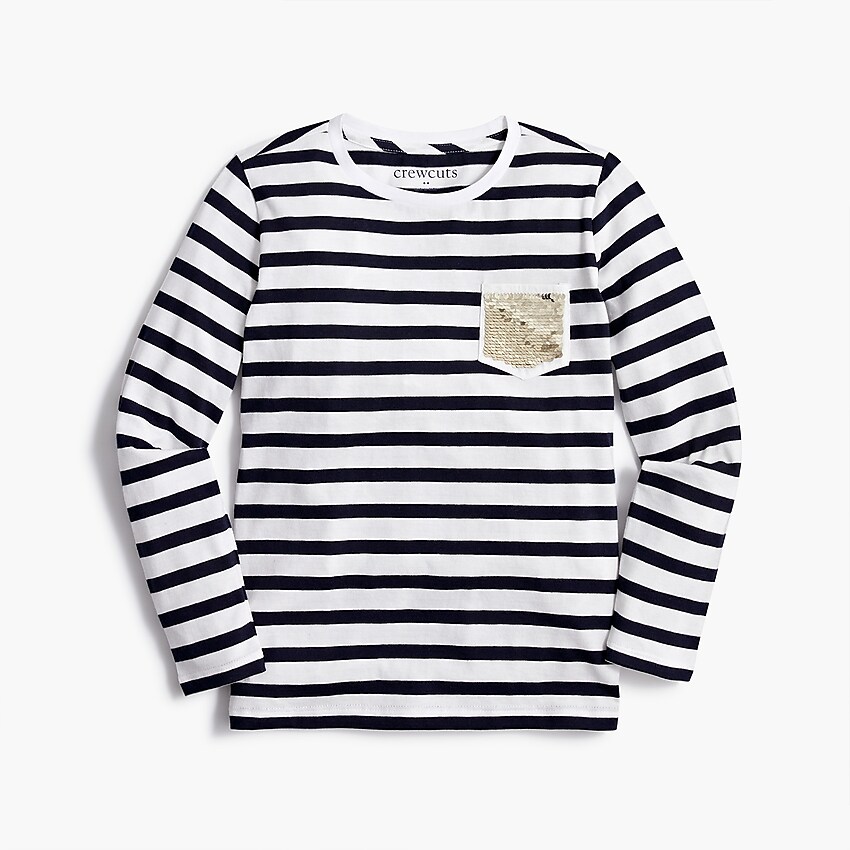factory: girls' long-sleeve striped sparkly pocket tee for girls, right side, view zoomed