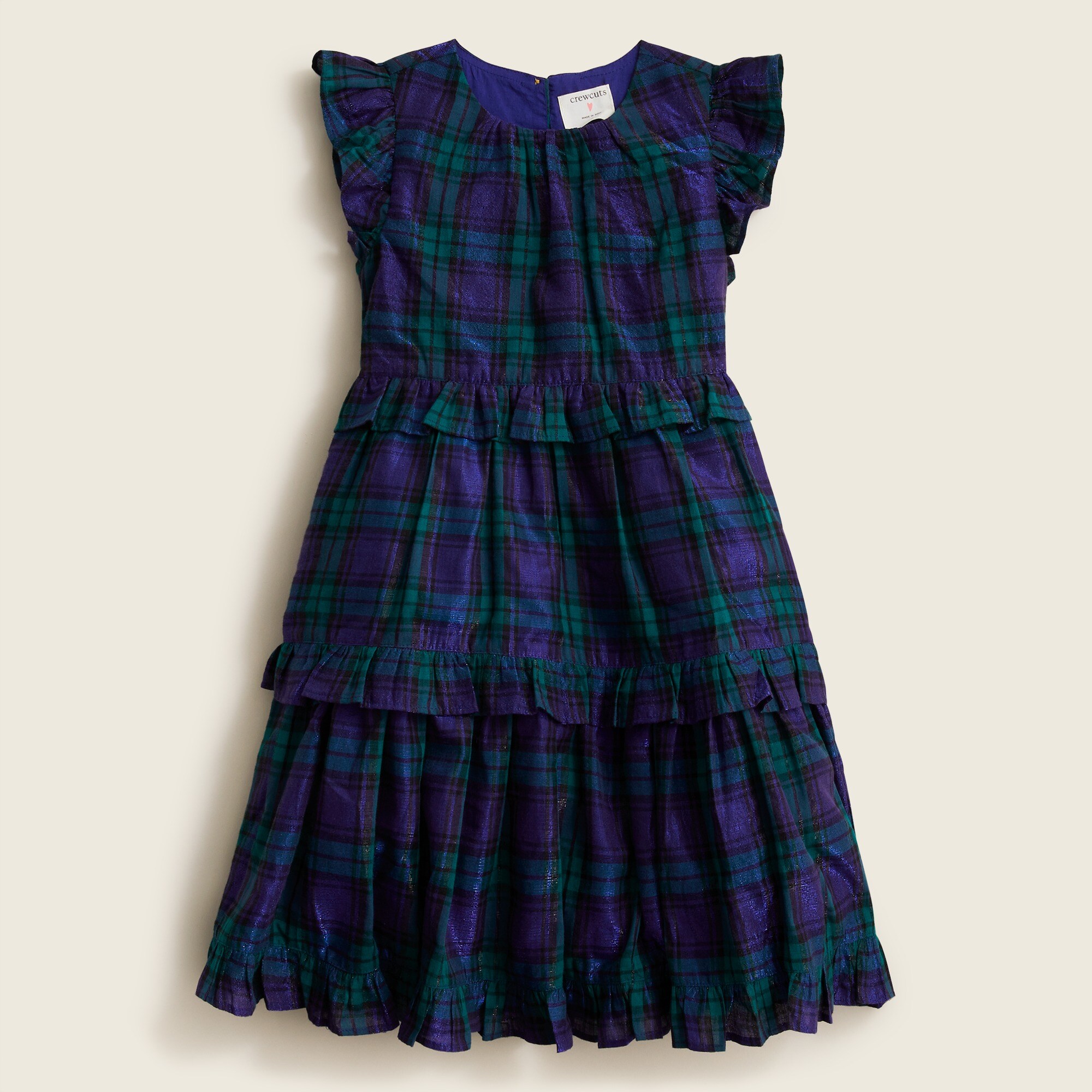 Girls' ruffle-trim dress in shimmer Black Watch plaid