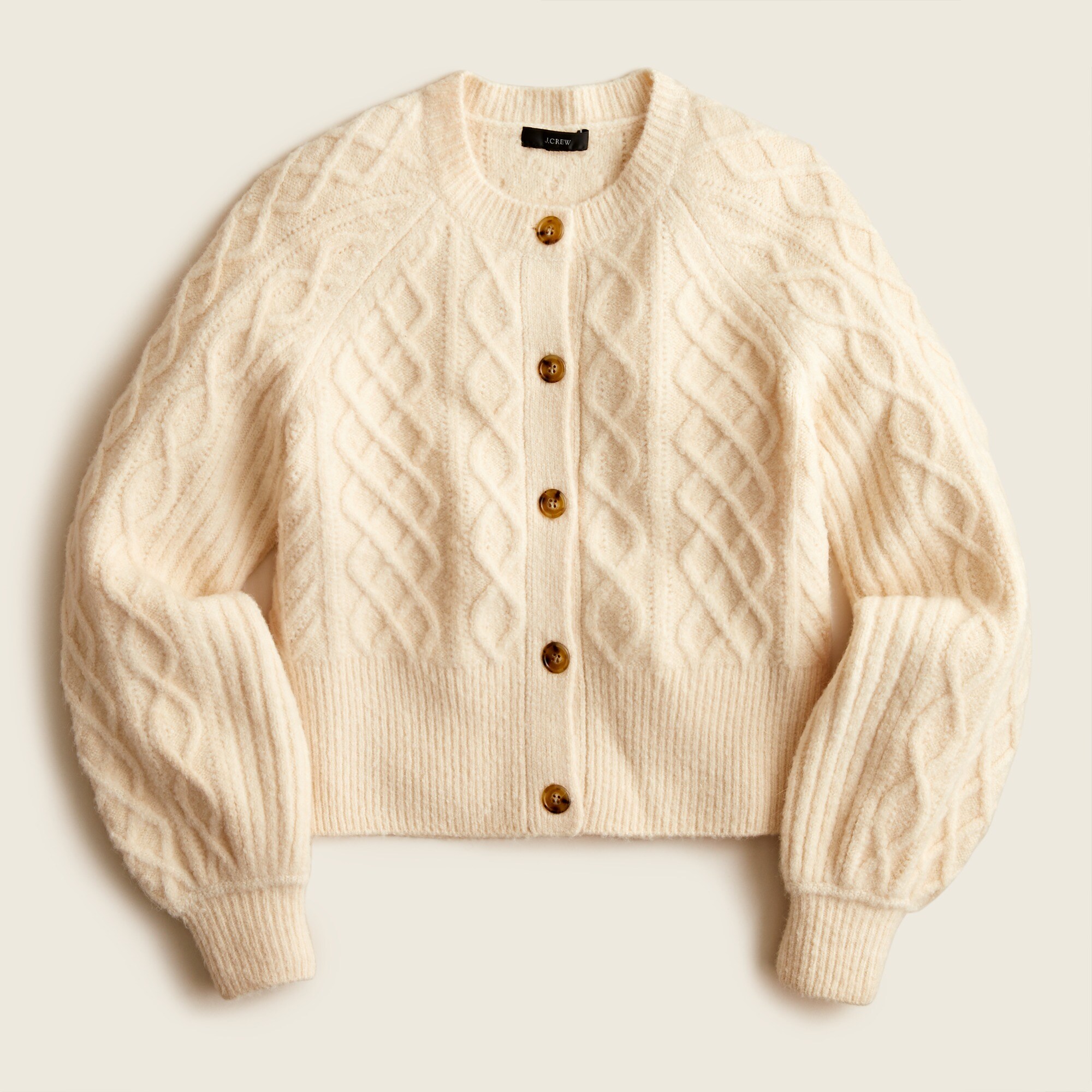 Stretch-wool cropped cable-knit cardigan sweater