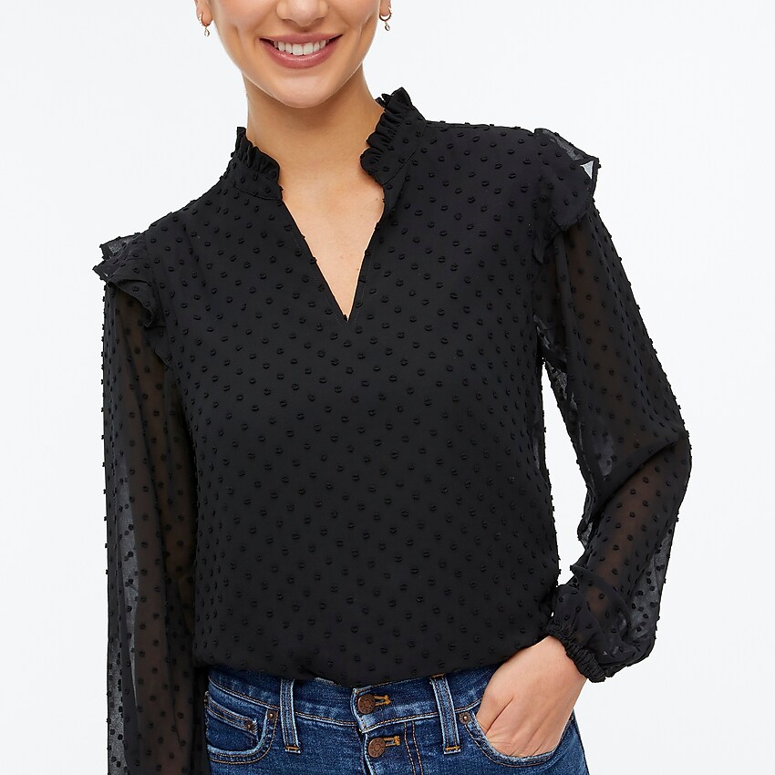 factory: v-neck ruffle top in clip dot for women, right side, view zoomed