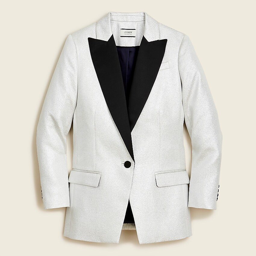 j.crew: collection willa tuxedo blazer in metallic silver lamé for women, right side, view zoomed