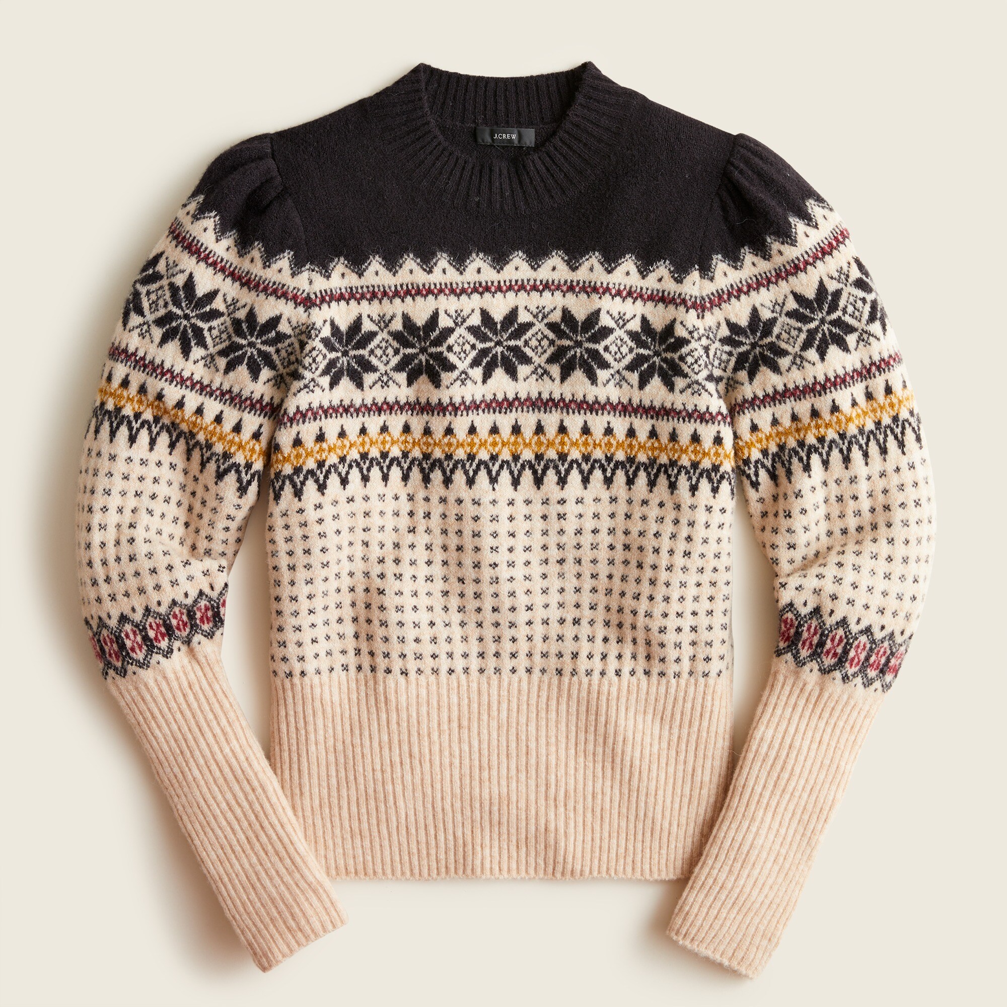 Fair Isle puff-sleeve crewneck sweater in Supersoft yarn