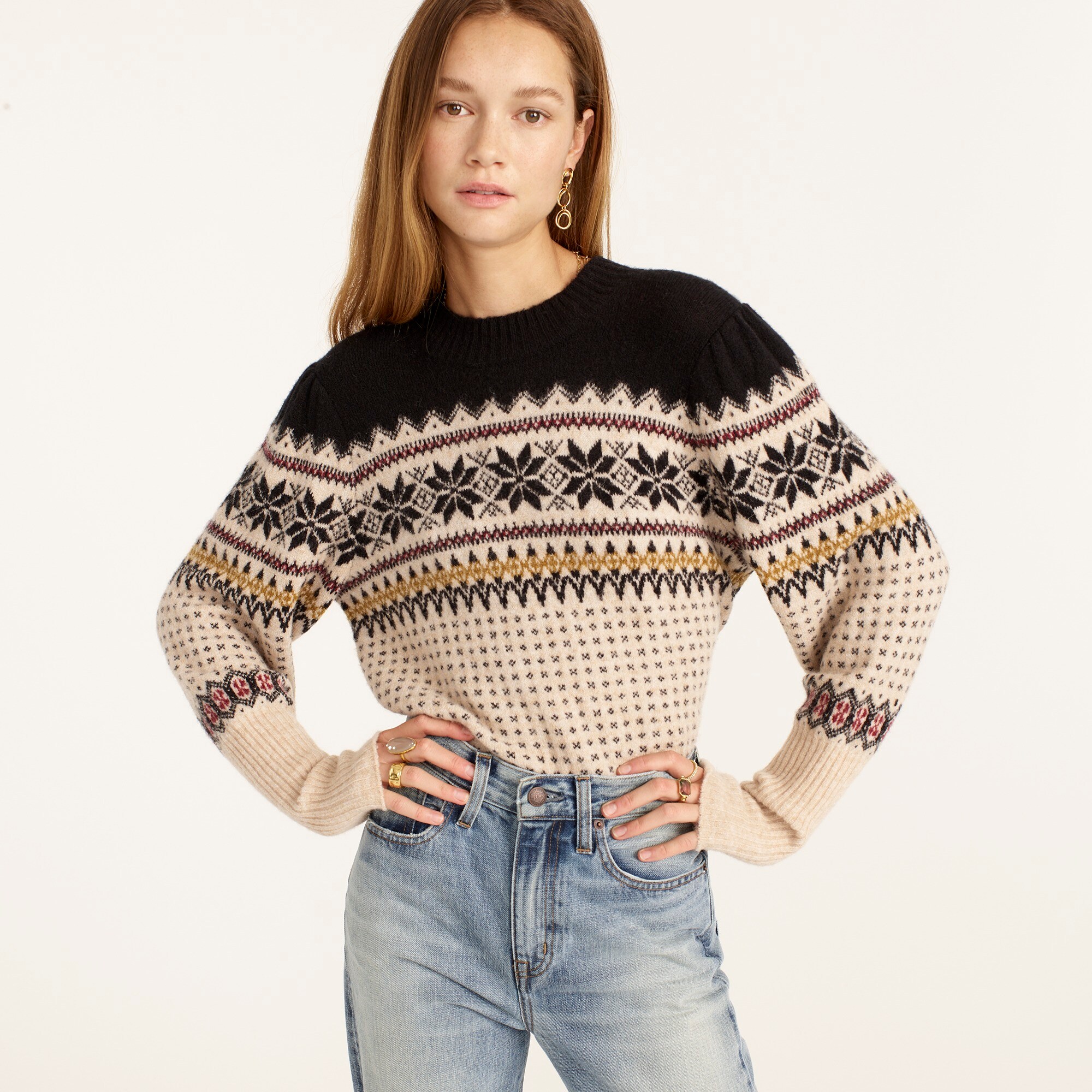 Fair Isle puff-sleeve crewneck sweater in Supersoft yarn